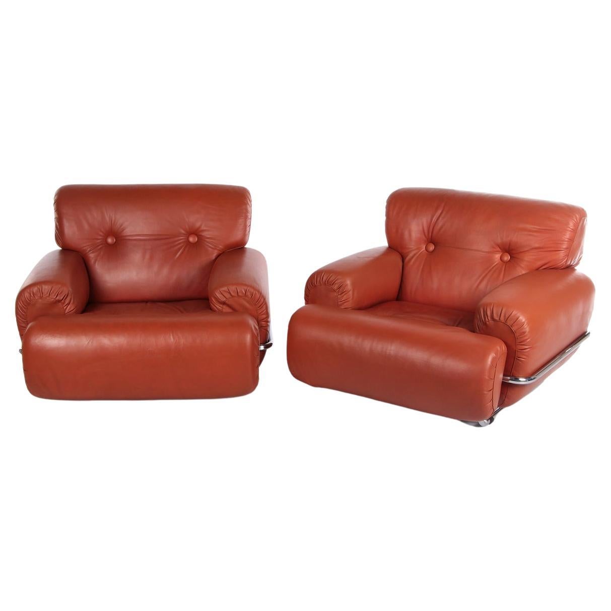 Vintage Leather Armchairs Guido Faleschini Style - Set of 2 For Sale