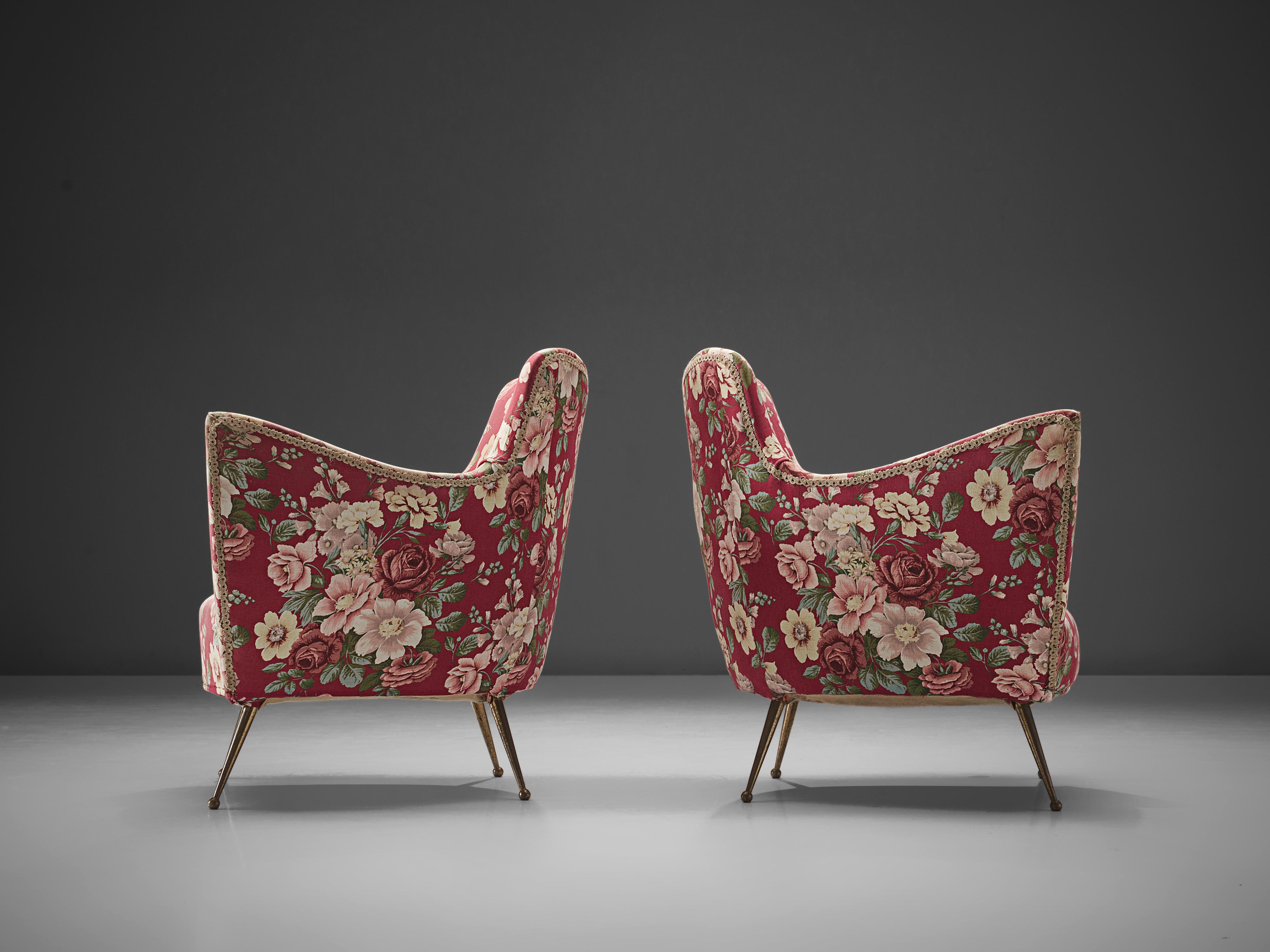 Brass Italian Lounge Chairs with Red Floral Upholstery