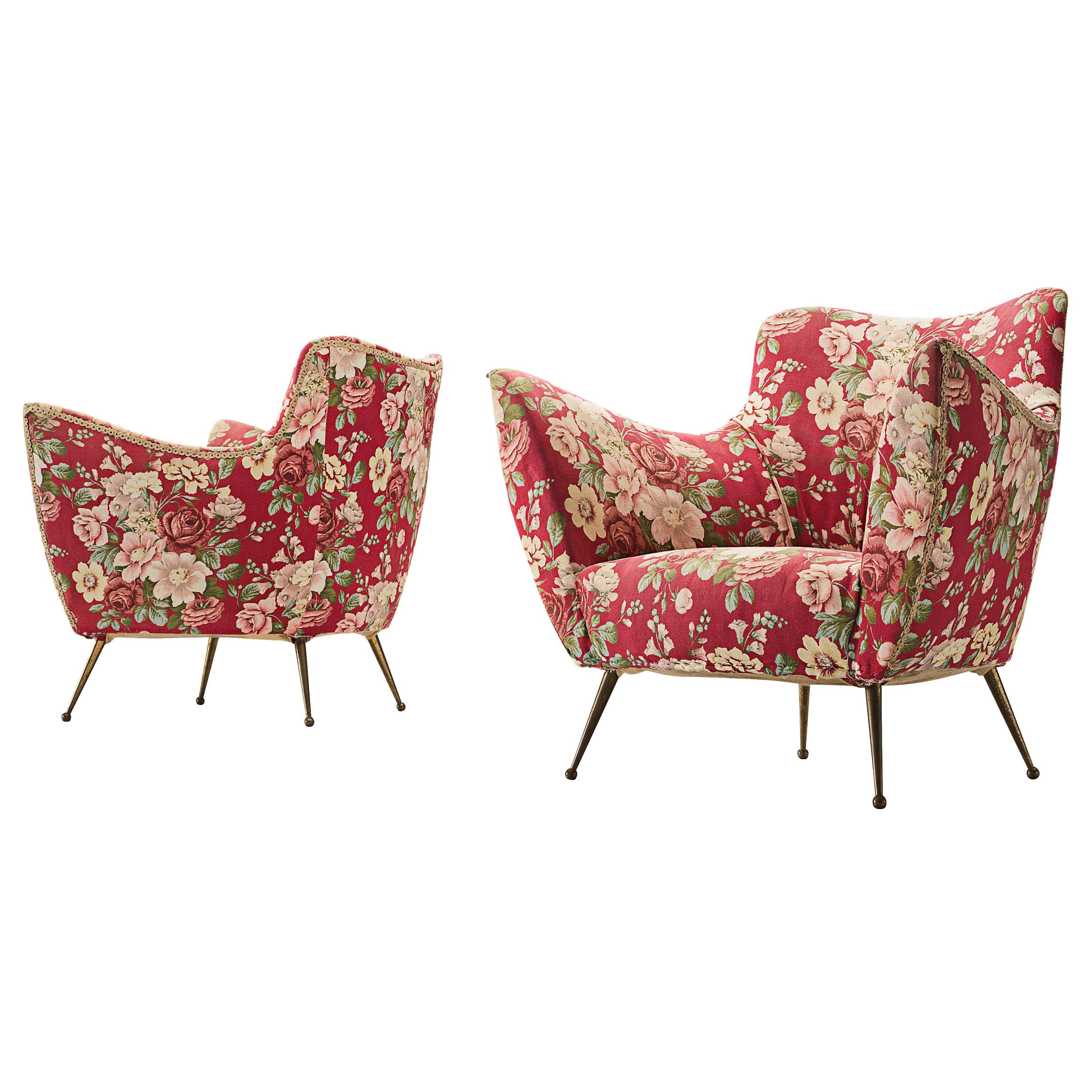 Pair of Italian Lounge Chairs with Red Floral Upholstery