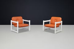 Coppia di poltroncine italiane in Wood Wood bianco e Skai cognac, anni '70