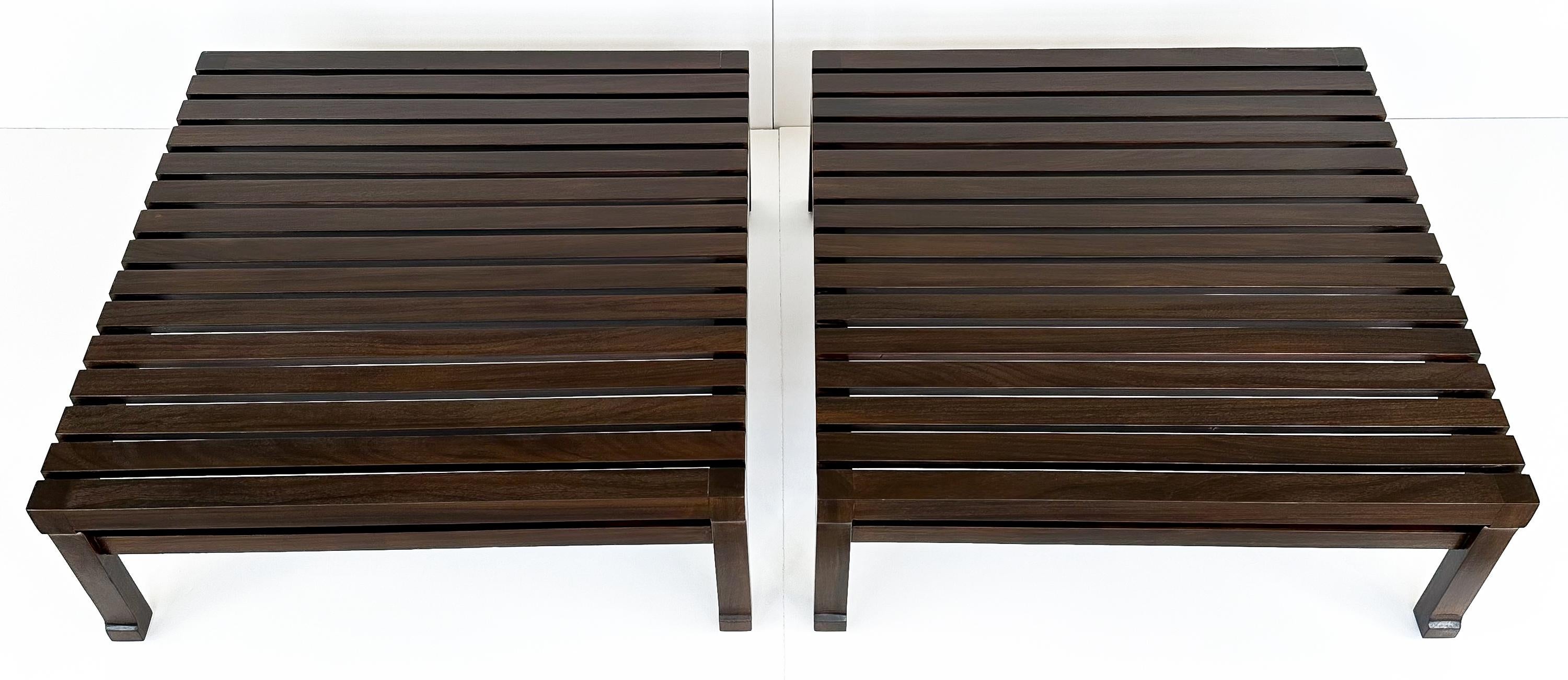 Indulge yourself in the timeless appeal of Italian design with this versatile pair of low slatted tables from the 1970s. Perfect as individual end tables or combined to form a modern coffee table, this pair embodies both elegance and functionality,