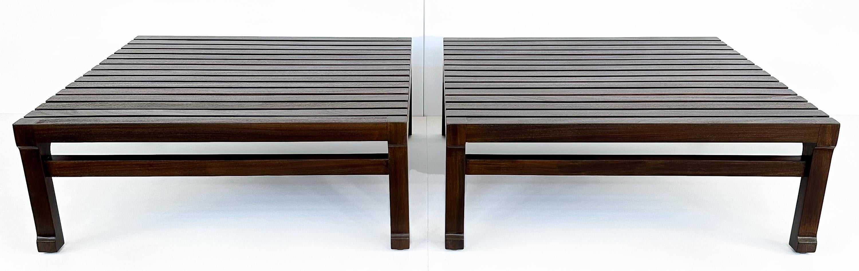 Stained Pair of Italian Low Slatted End Tables or Coffee Tables