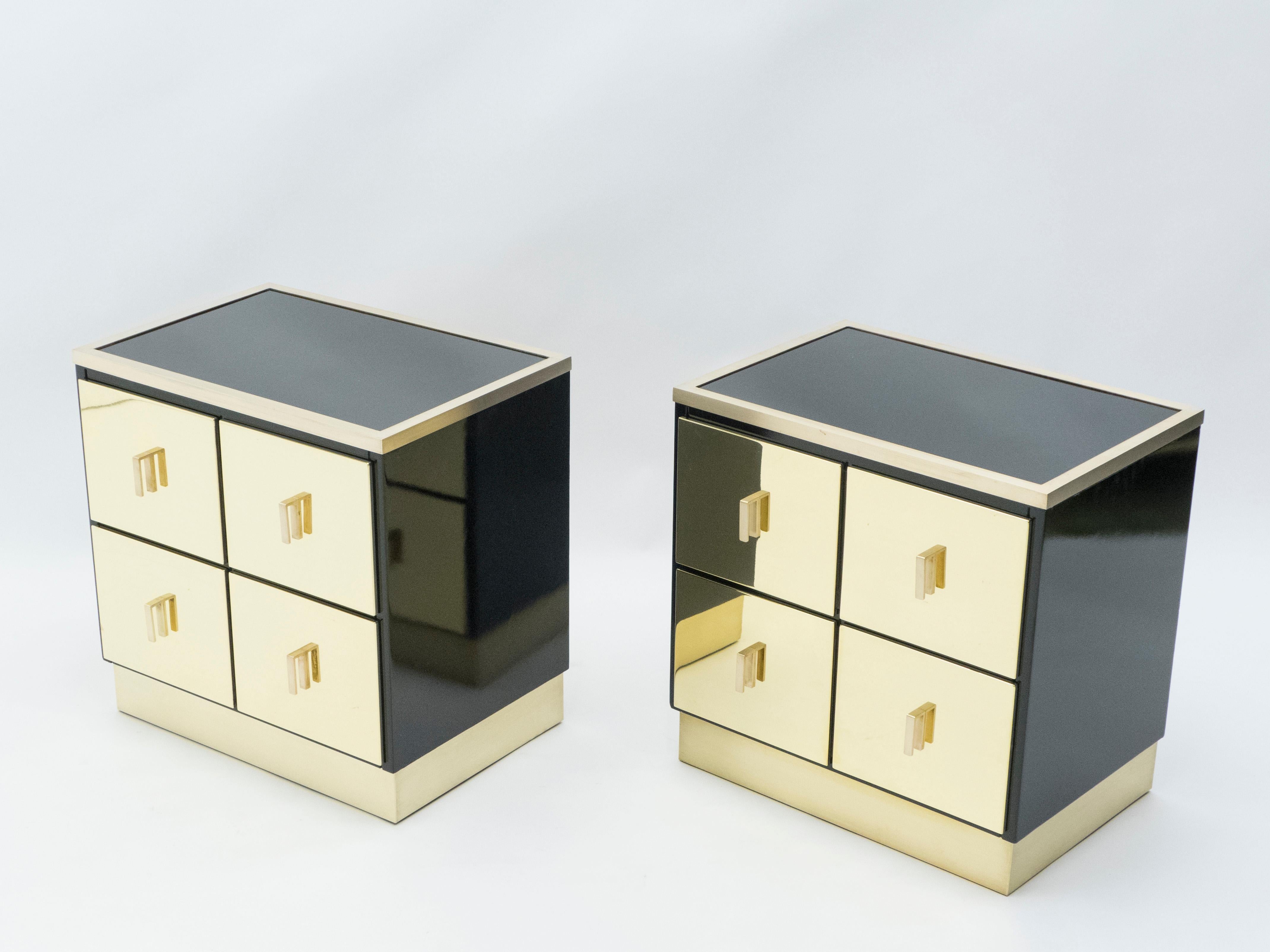 Mid-Century Modern Pair of Italian Luciano Frigerio Black Lacquered Brass Nightstands Tables, 1970s