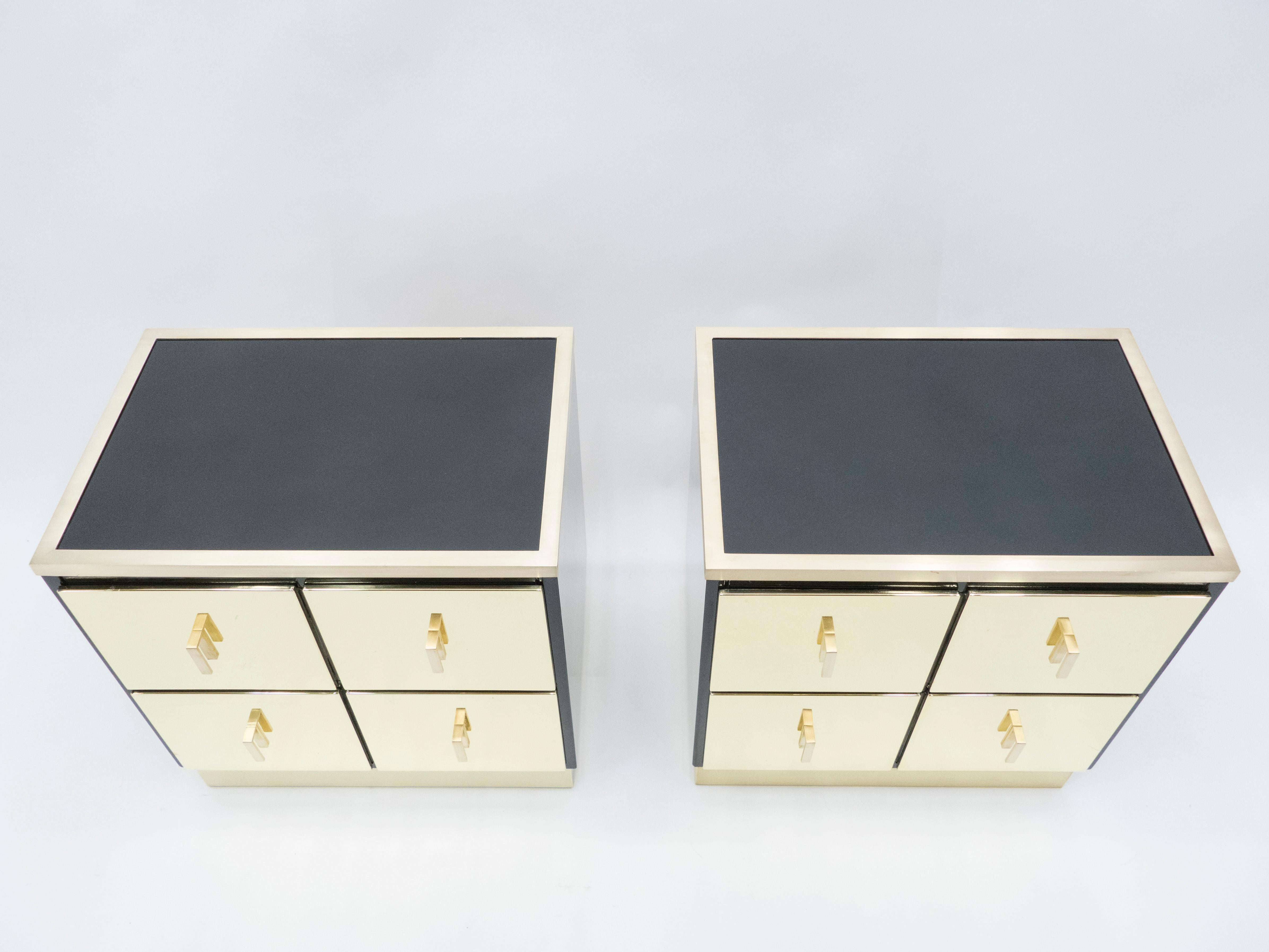 Late 20th Century Pair of Italian Luciano Frigerio Black Lacquered Brass Nightstands Tables, 1970s