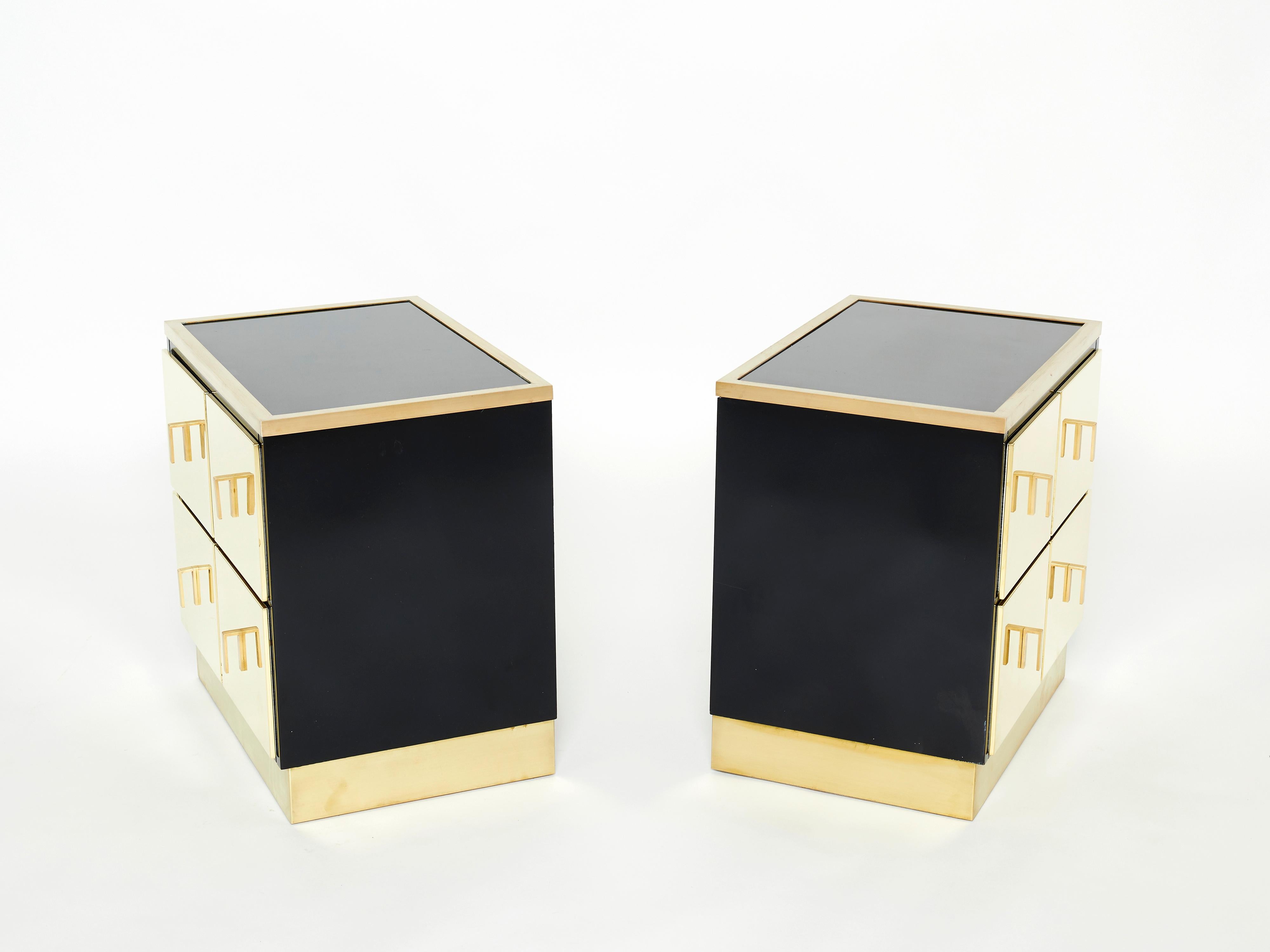 Late 20th Century Pair of Italian Luciano Frigerio Black Lacquered Brass Nightstands Tables, 1970s