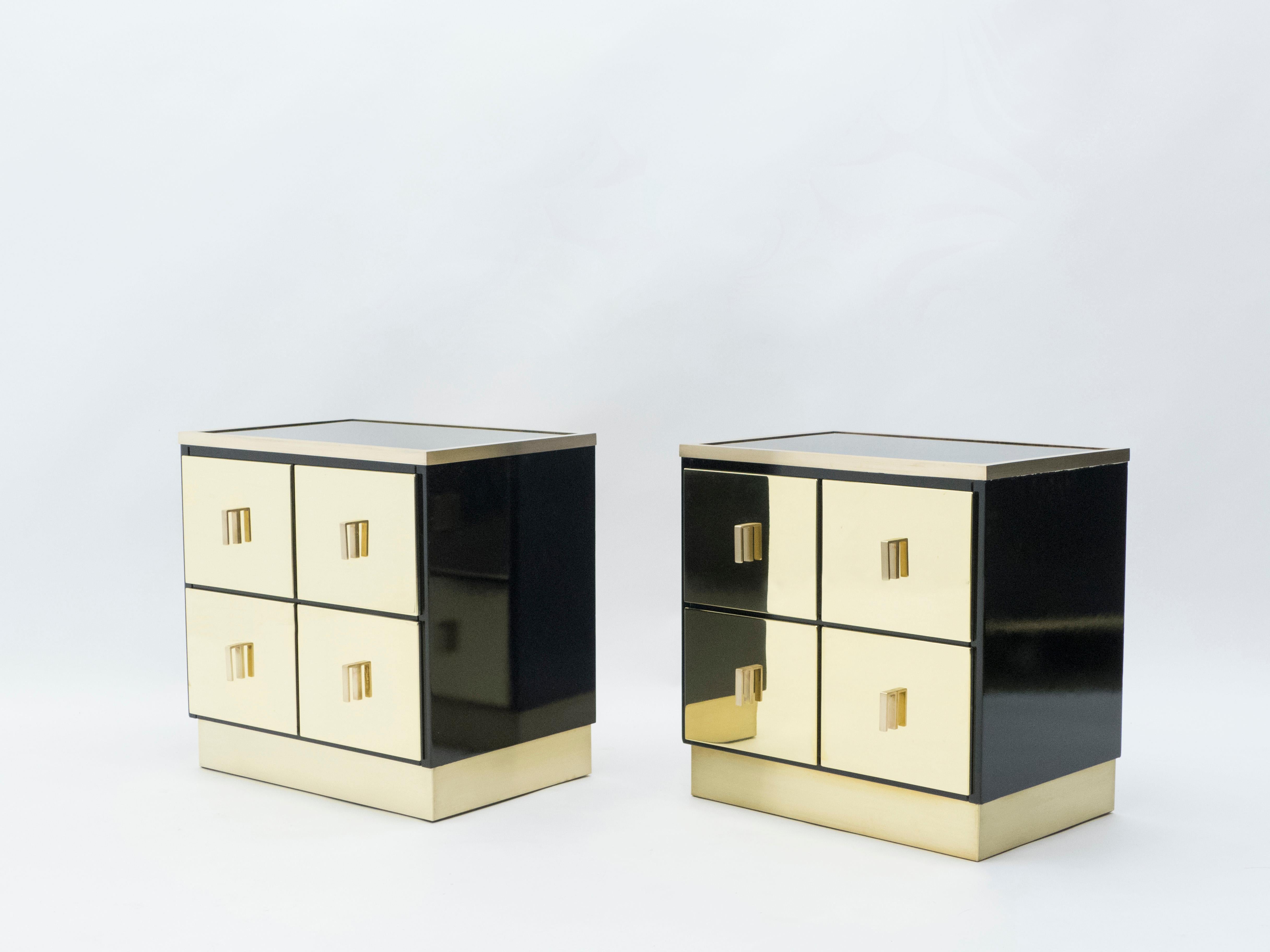 Mirror Pair of Italian Luciano Frigerio Black Lacquered Brass Nightstands Tables, 1970s