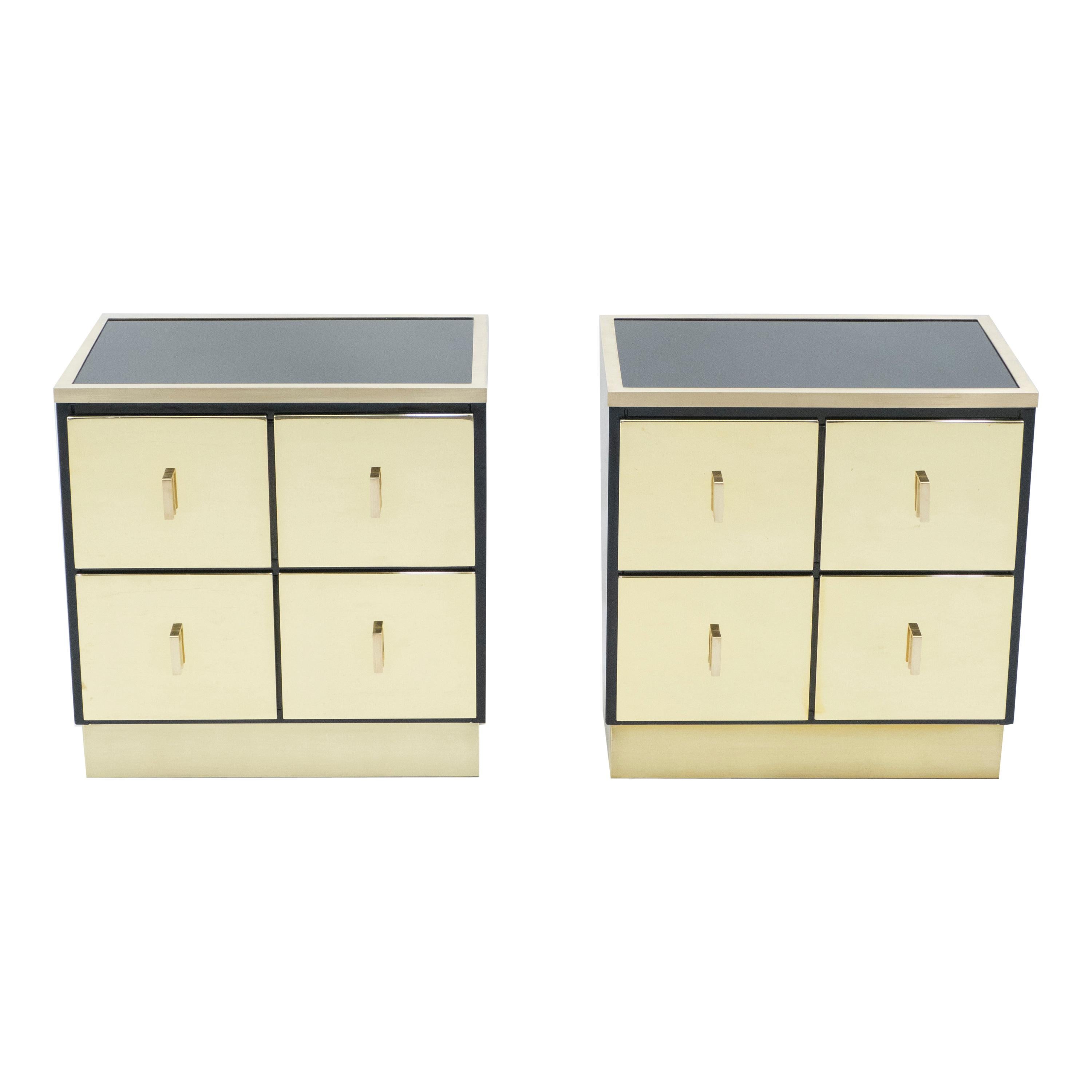 Pair of Italian Luciano Frigerio Black Lacquered Brass Nightstands Tables, 1970s