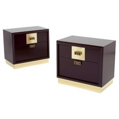 Pair of Italian Luciano Frigerio Plum Lacquered Brass Nightstands Tables, 1970s