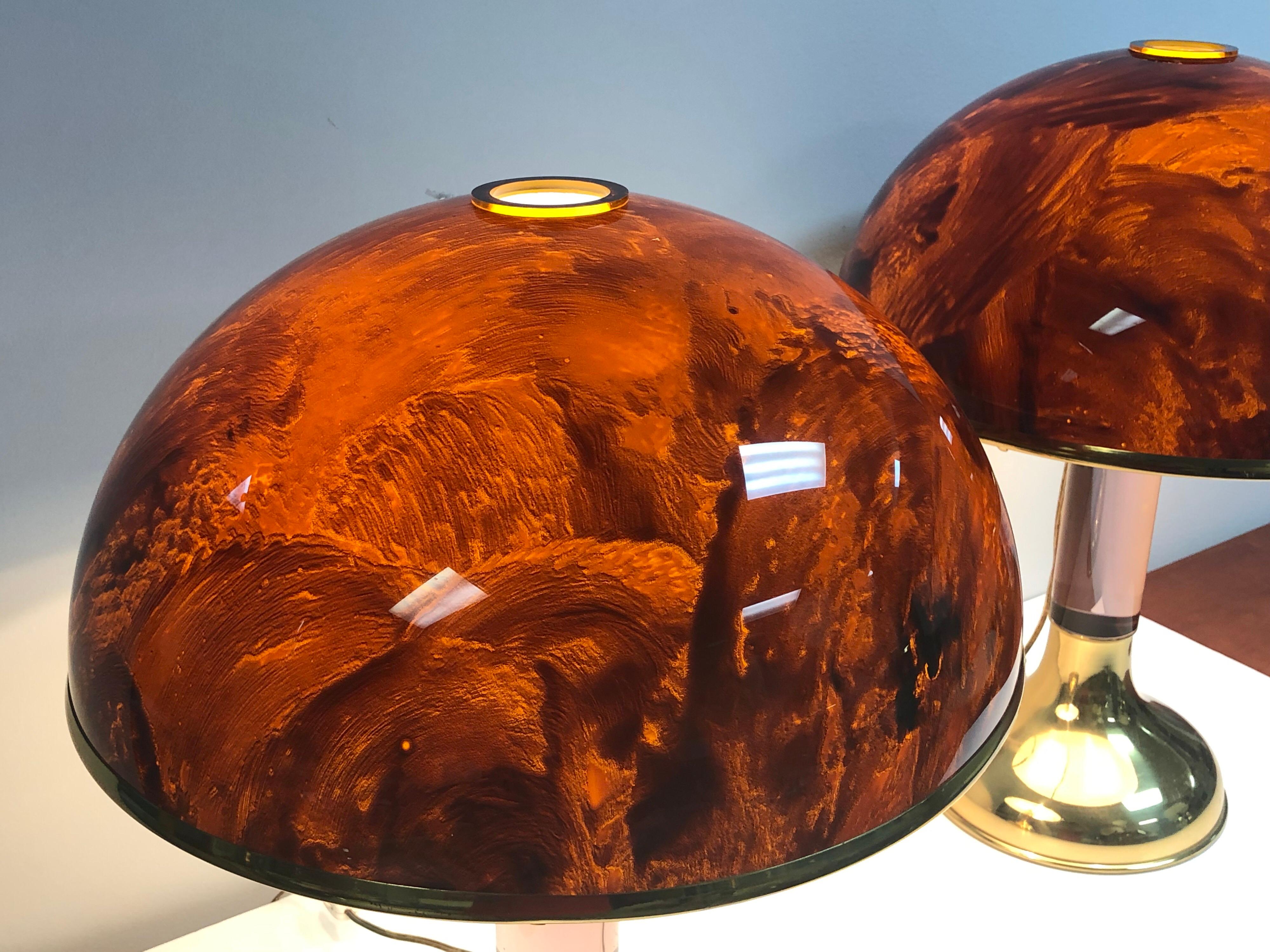 Brass Pair of Italian Lucite and Faux Tortoise Table Lamps, 1970s