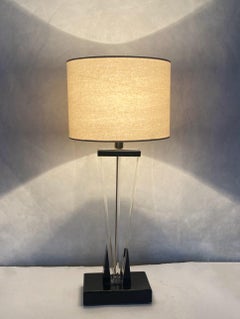 Vintage Hollywood Regency Brass Black Clear Lucite Table Lamps Pair, Italy 1960s