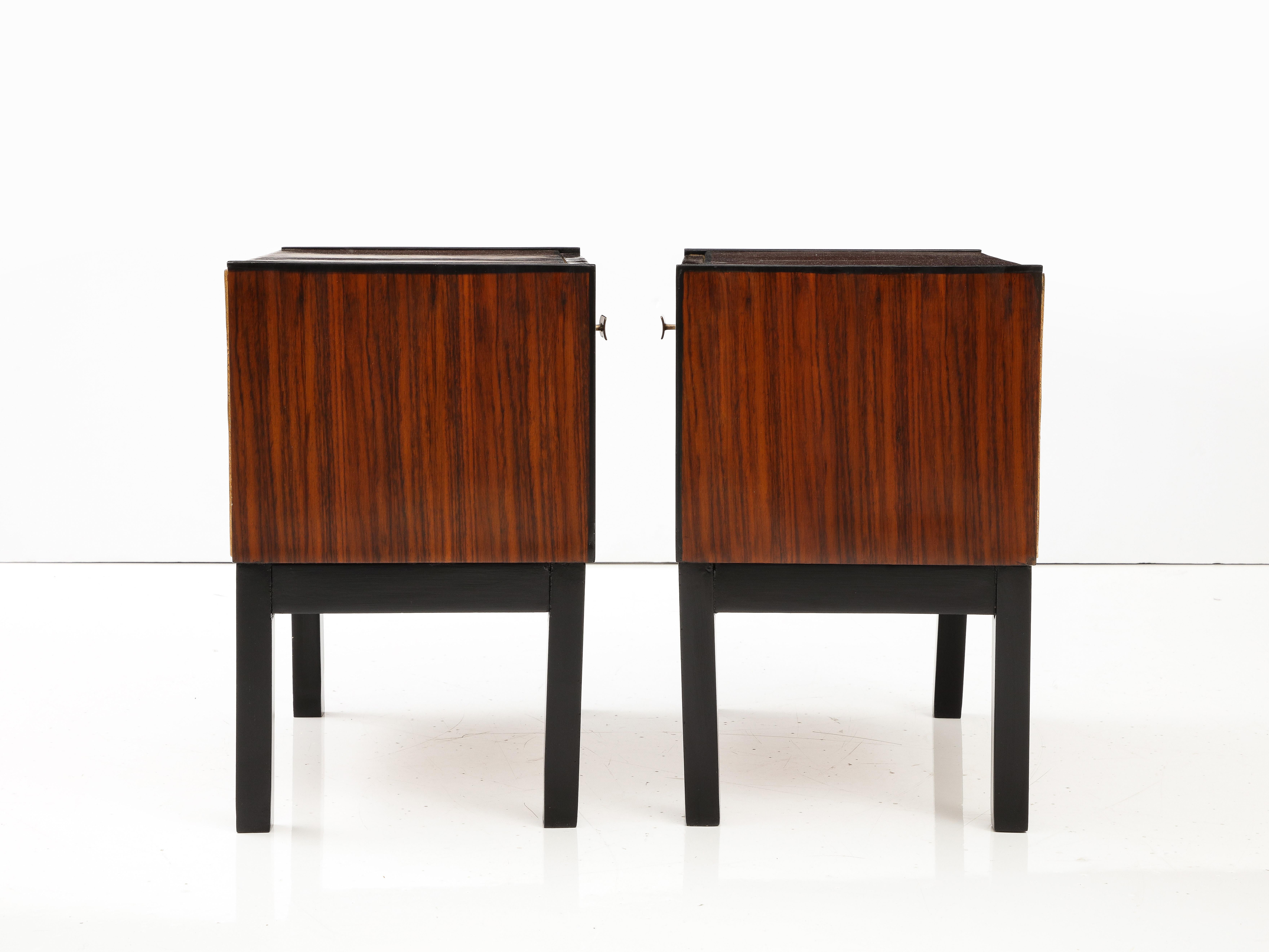 Brass Pair of Italian Macassar Ebony Bedside Cabinets, Italy, circa 1960  For Sale