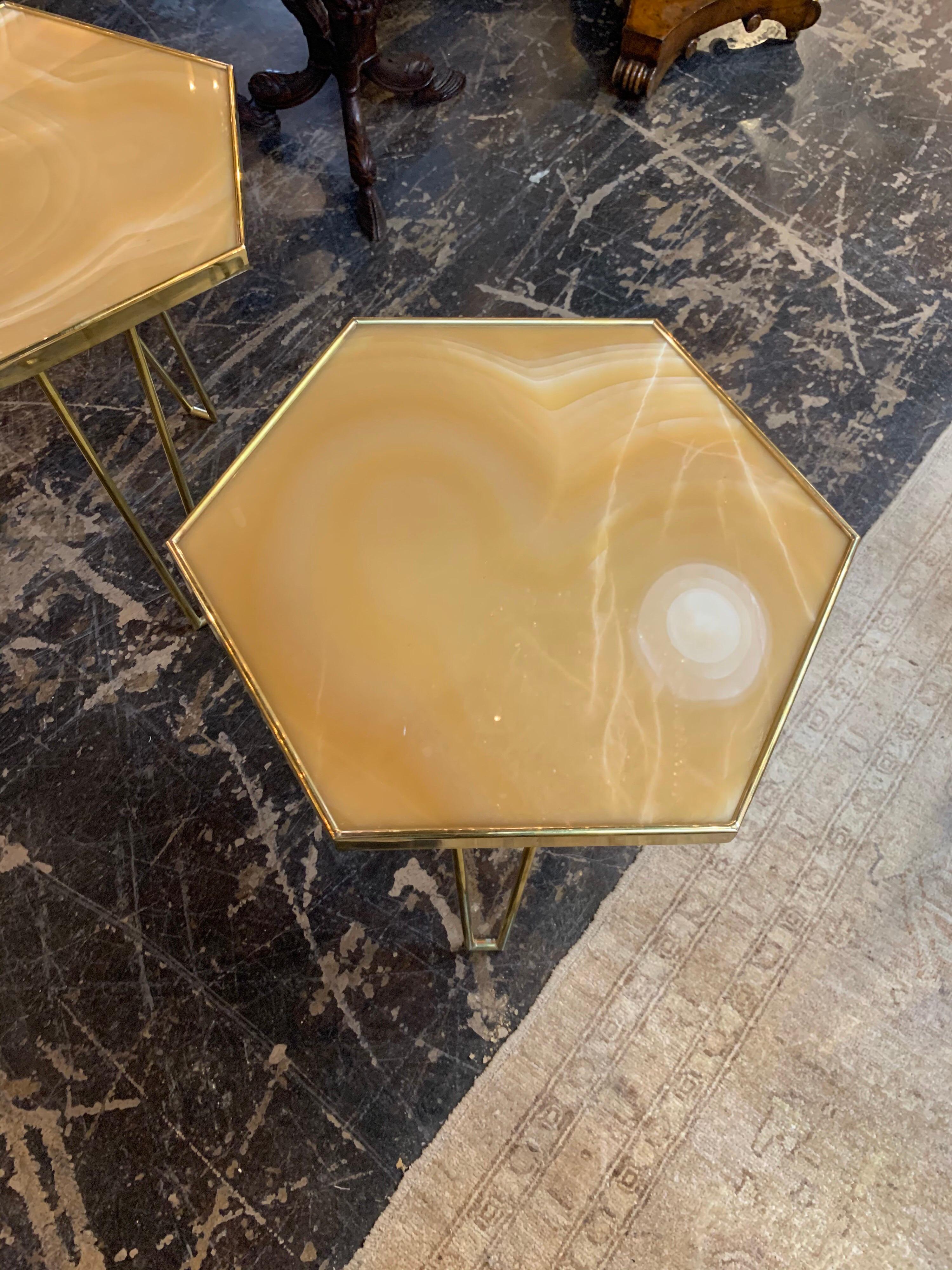Pair of Italian Made Brass and Onyx Hexagonal Side Tables In Good Condition In Dallas, TX