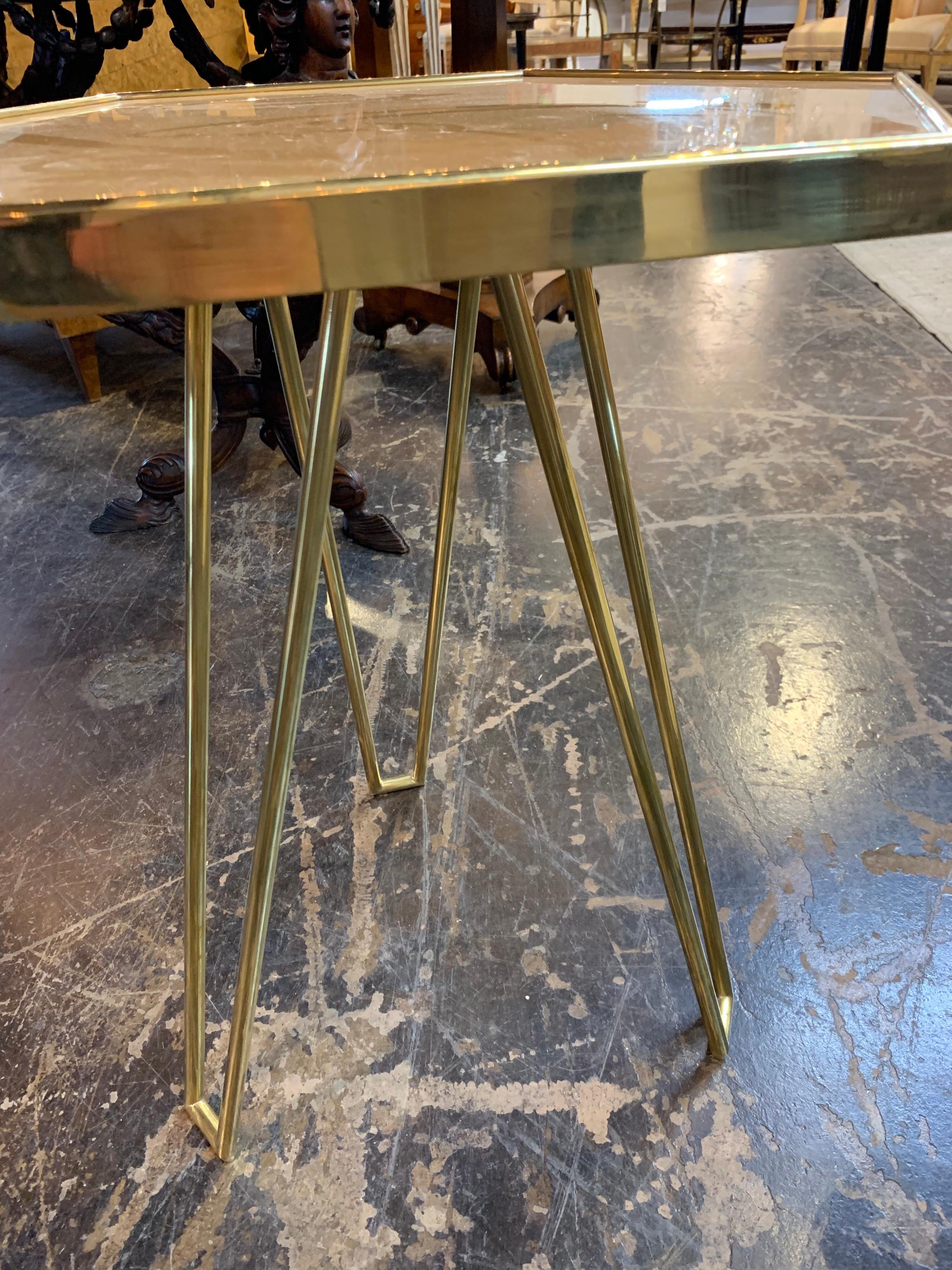 Pair of Italian Made Brass and Onyx Hexagonal Side Tables 2