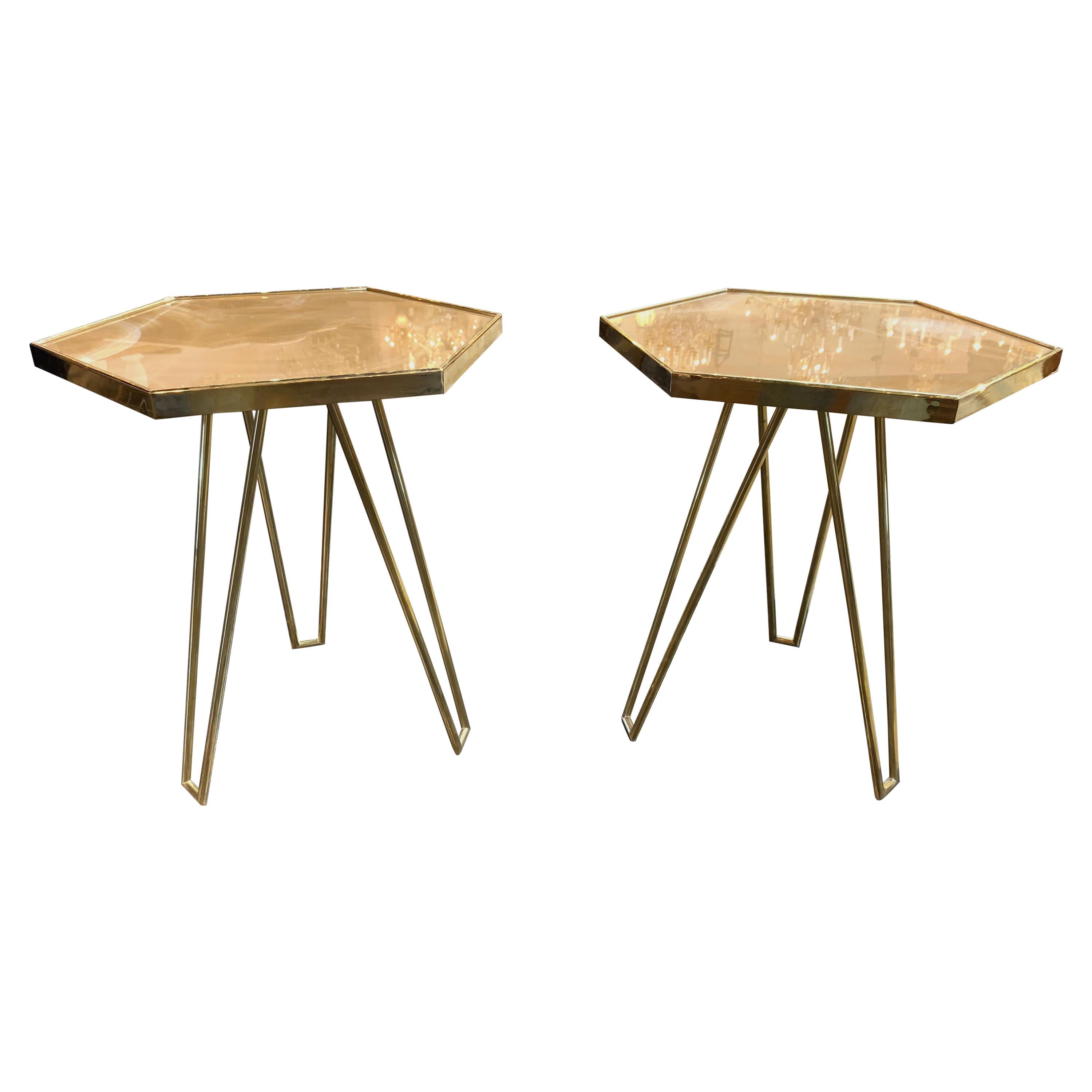 Pair of Italian Made Brass and Onyx Hexagonal Side Tables