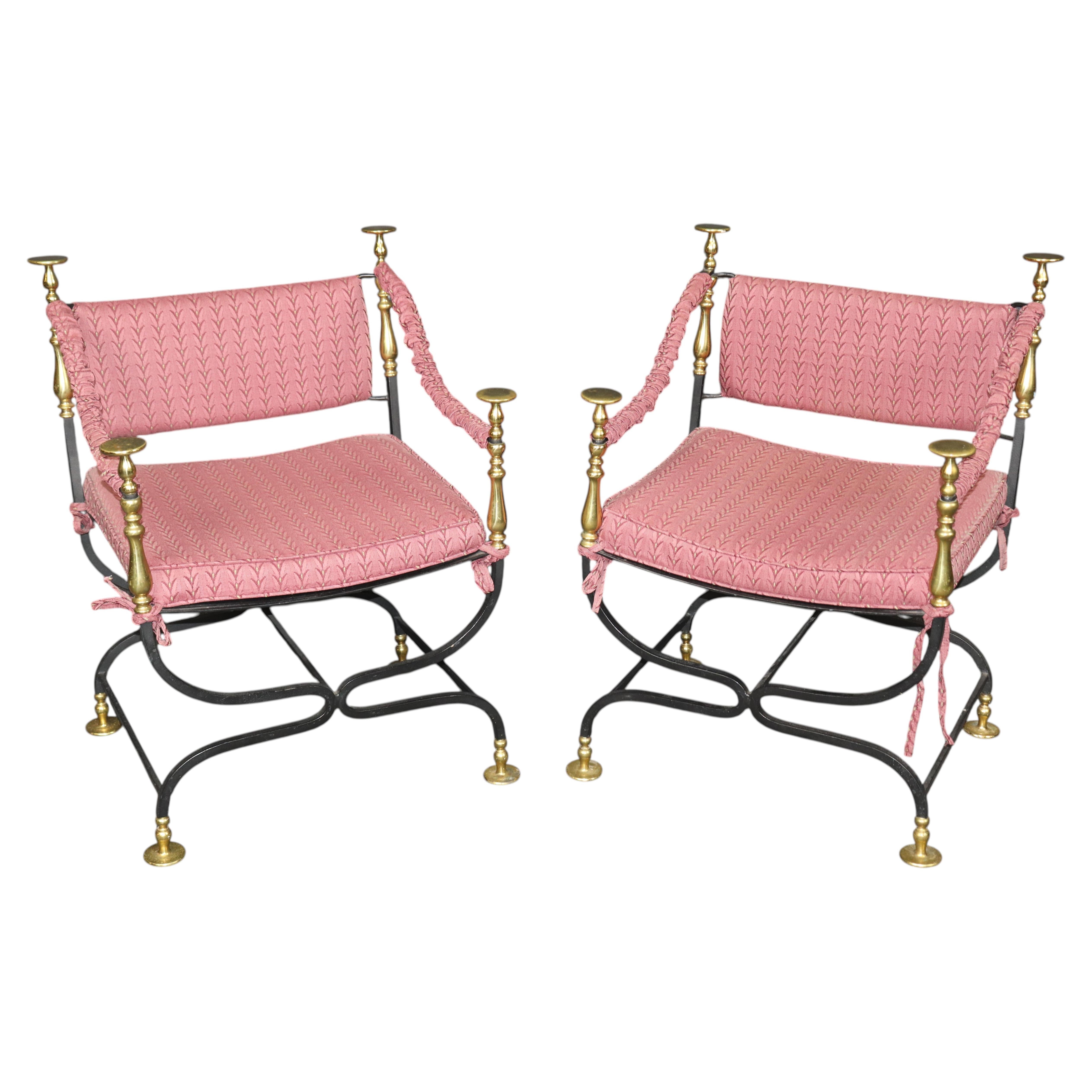 Pair of Italian Made Brass and Steel Savonarola Armchairs C. 1940