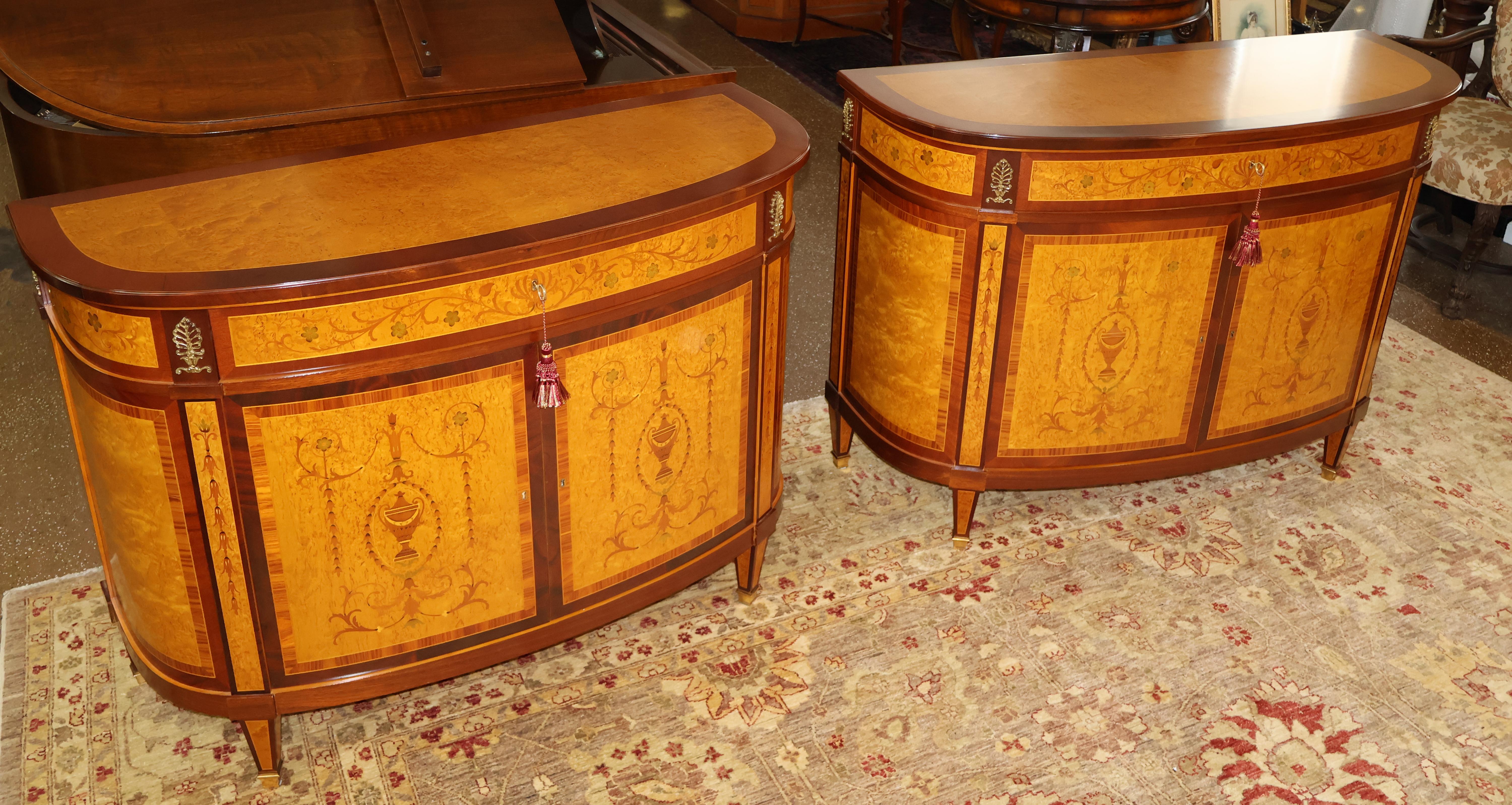 Adam Style Pair Of Italian Made Burled Walnut Banded Demilune Chest Server Buffets