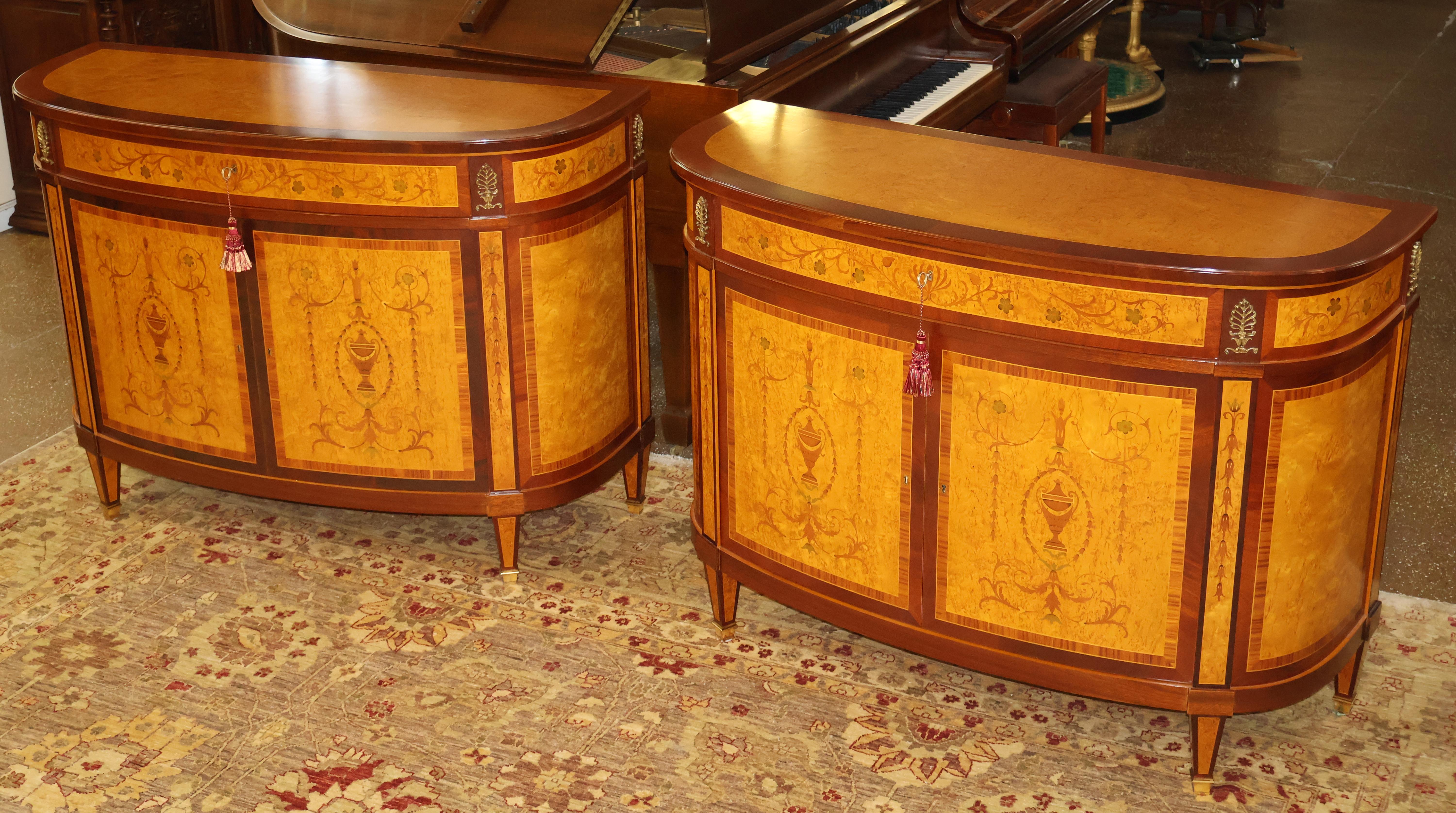 Pair Of Italian Made Burled Walnut Banded Demilune Chest Server Buffets In Good Condition In Long Branch, NJ