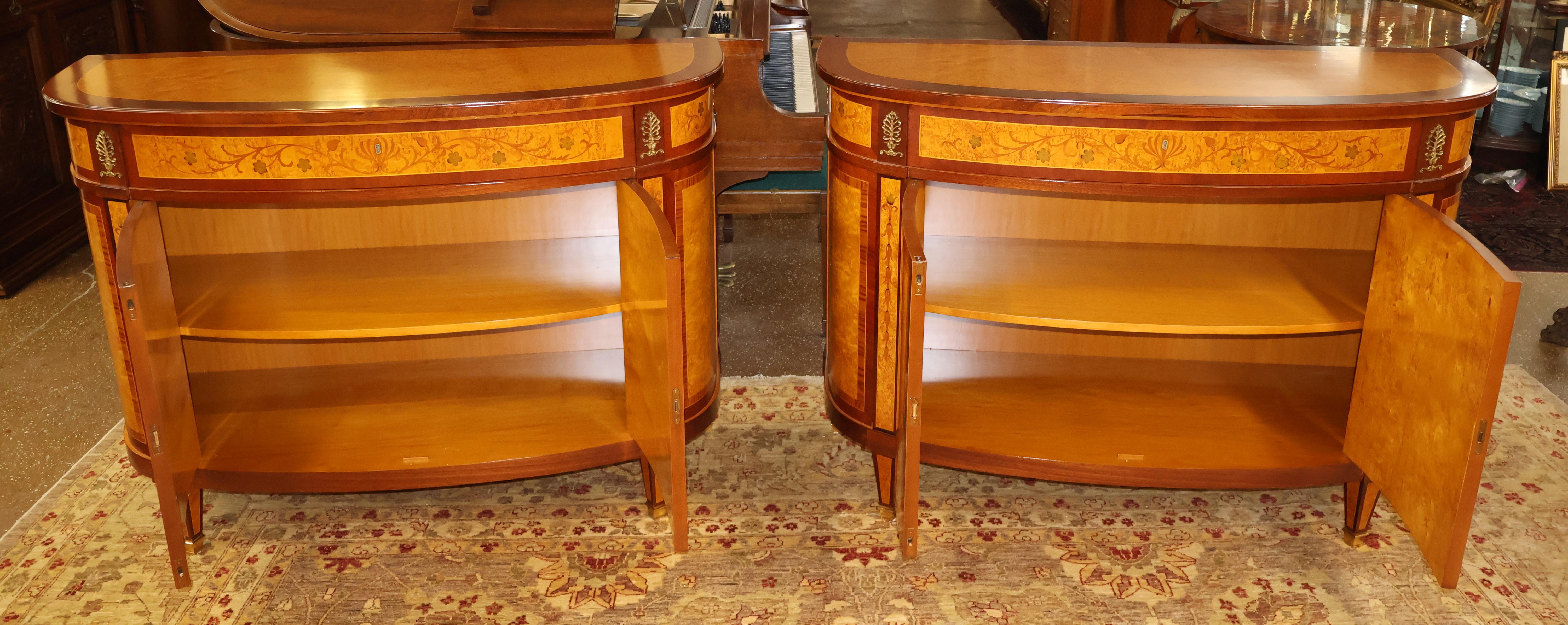Late 20th Century Pair Of Italian Made Burled Walnut Banded Demilune Chest Server Buffets