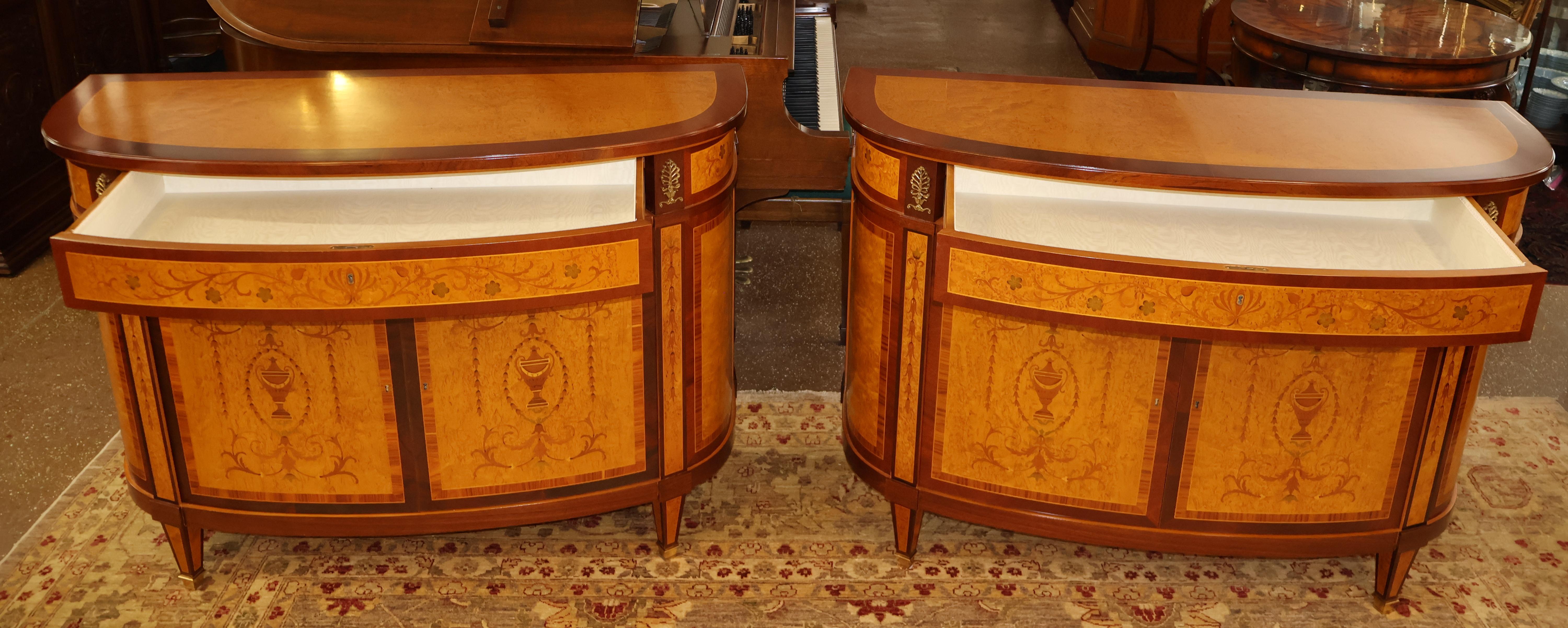 Satinwood Pair Of Italian Made Burled Walnut Banded Demilune Chest Server Buffets