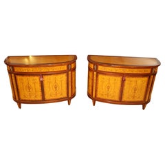 Pair Of Italian Made Burled Walnut Banded Demilune Chest Server Buffets