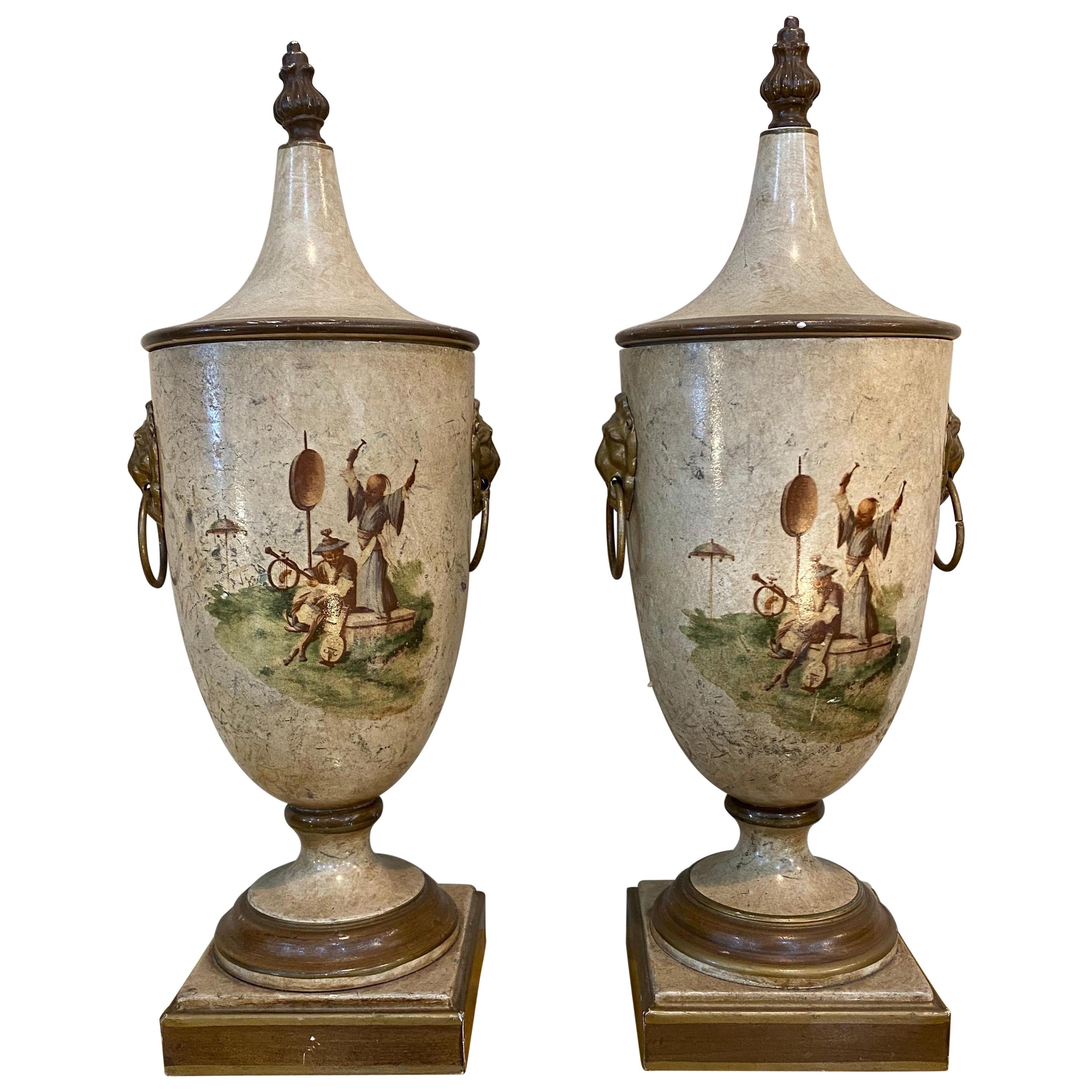 Pair of Italian Made Vintage White Chinoiserie Style Chestnut Urns