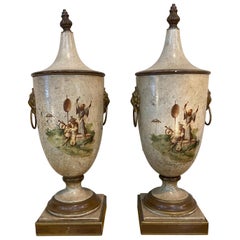 Pair of Italian Made Vintage White Chinoiserie Style Chestnut Urns