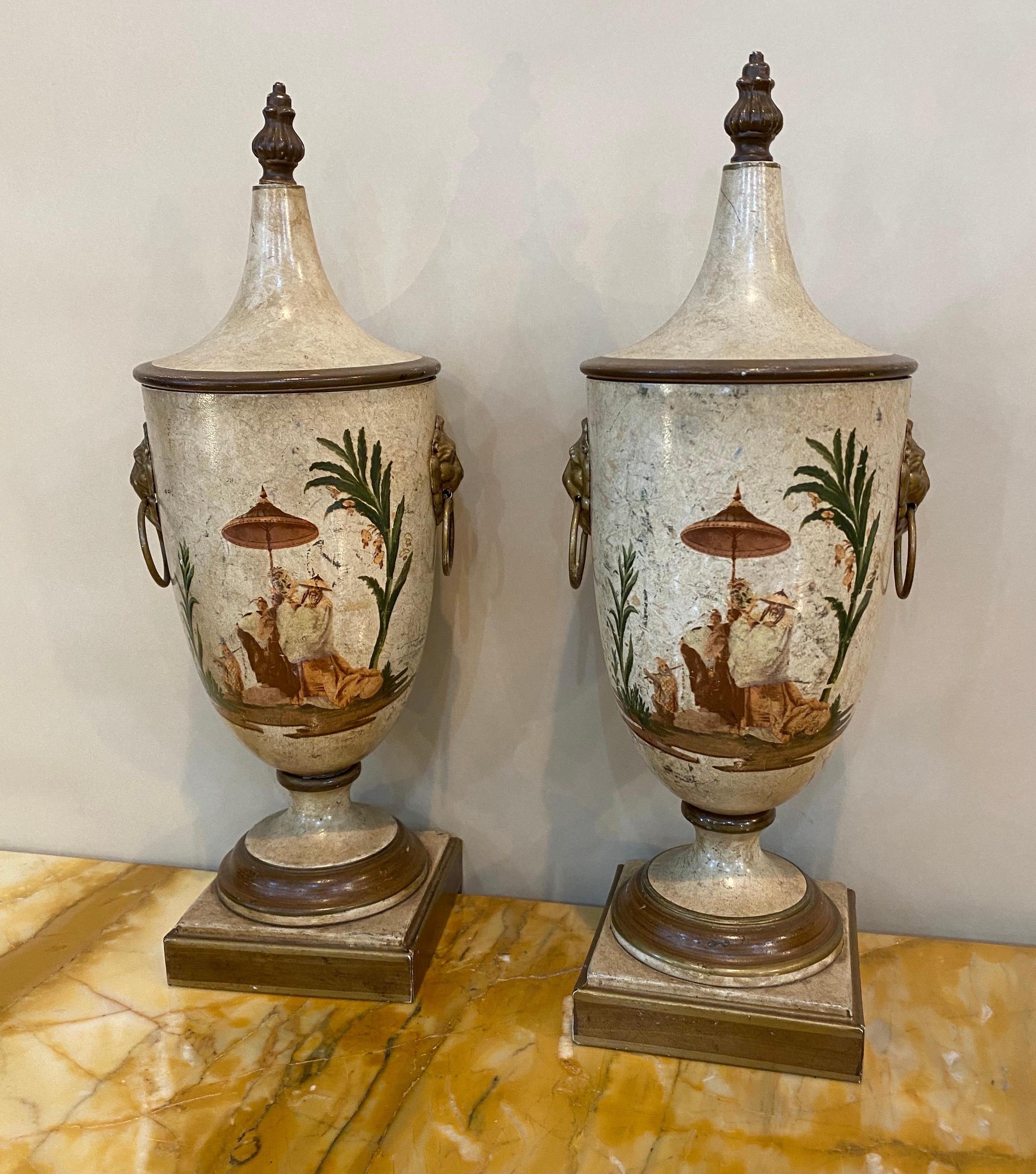 Pair of Italian made vintage white chinoiserie style chestnut urns.