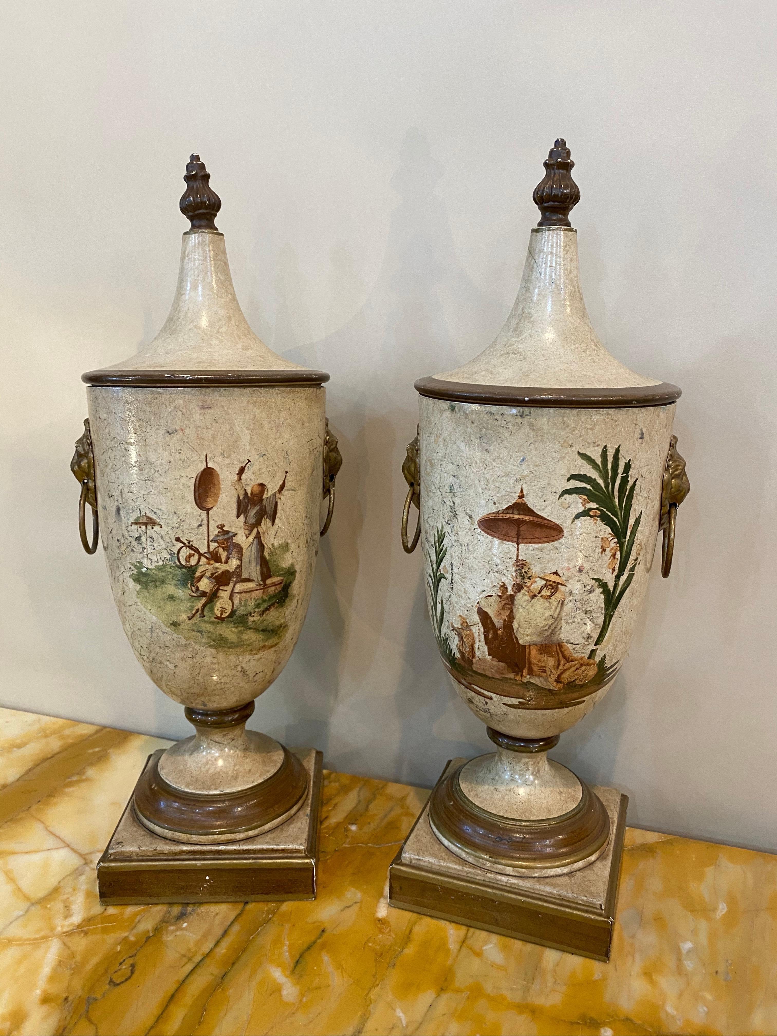 Pair of Italian Made Vintage White Chinoiserie Style Chestnut Urns In Good Condition In Charleston, SC