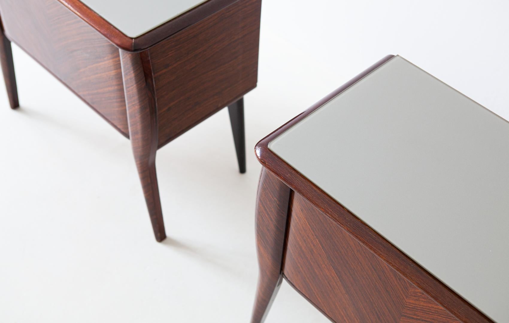 Pair of Italian Mahogany Wood Bedside Tables with Grey Glass Top, 1950s In Good Condition In Rome, IT