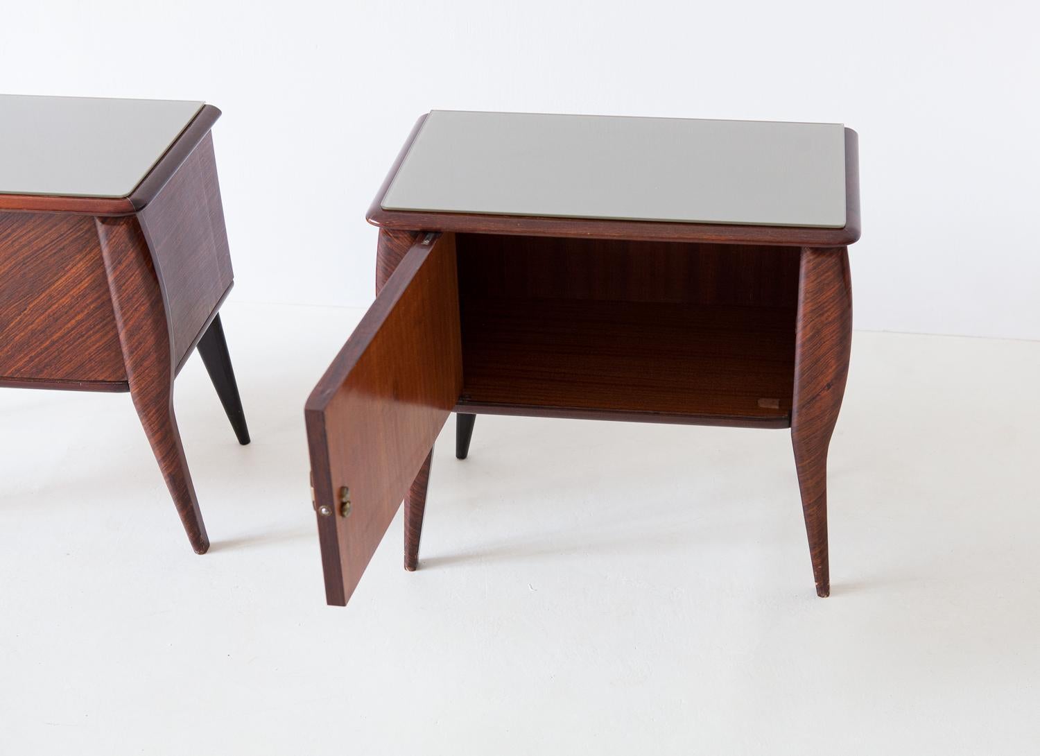 Pair of Italian Mahogany Wood Bedside Tables with Grey Glass Top, 1950s 1