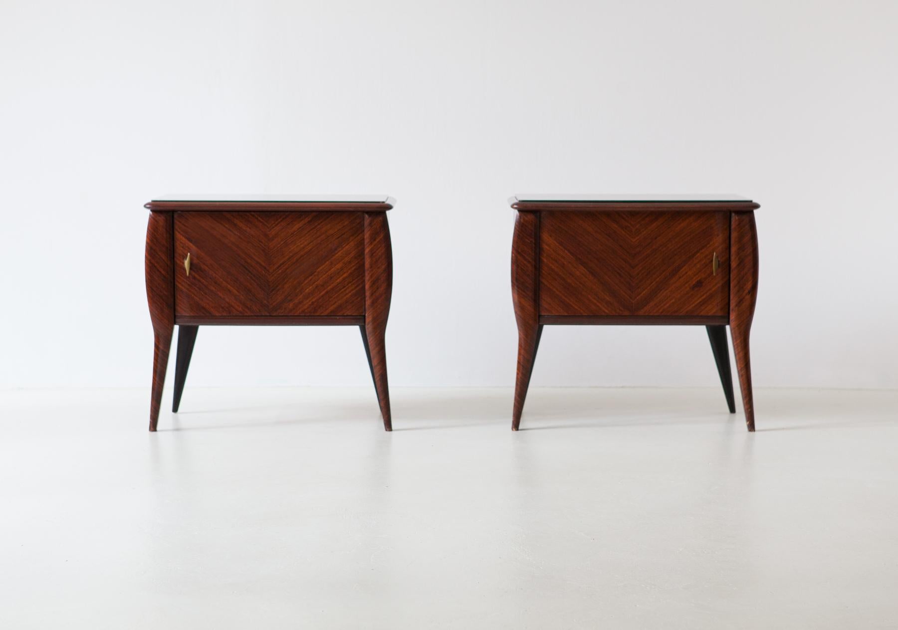 Pair of Italian Mahogany Wood Bedside Tables with Grey Glass Top, 1950s 2