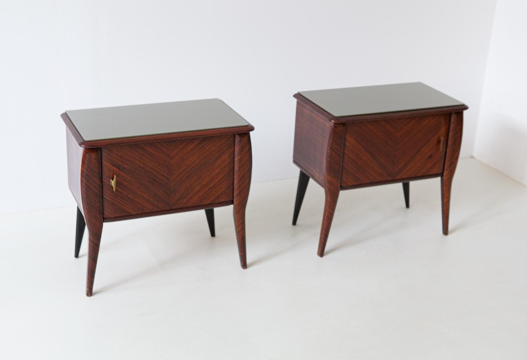 Pair of Italian Mahogany Wood Bedside Tables with Grey Glass Top, 1950s 3