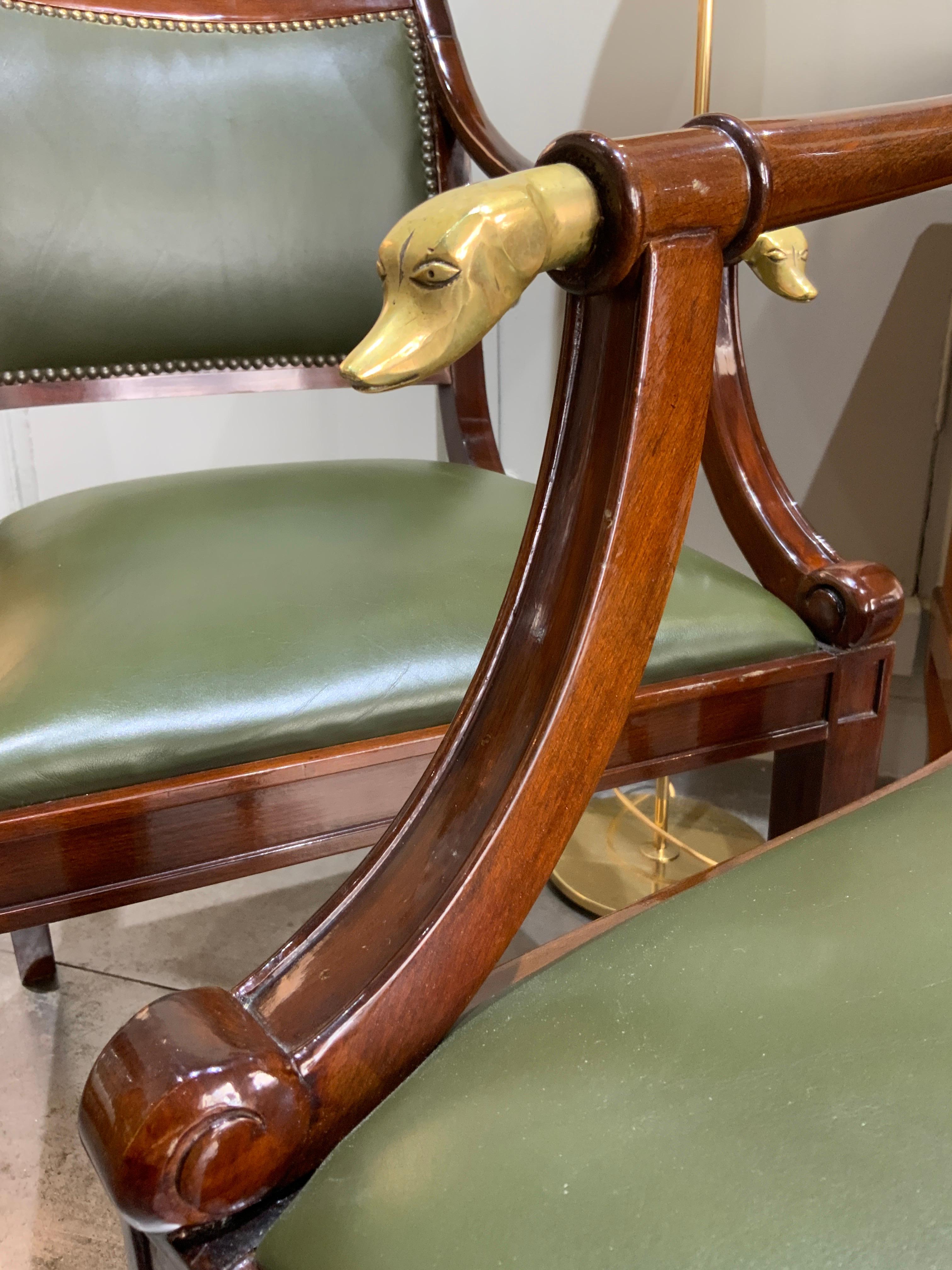 A pair of mahogany with brass dogs heads armchairs Italy 1960 
Green leather seat.