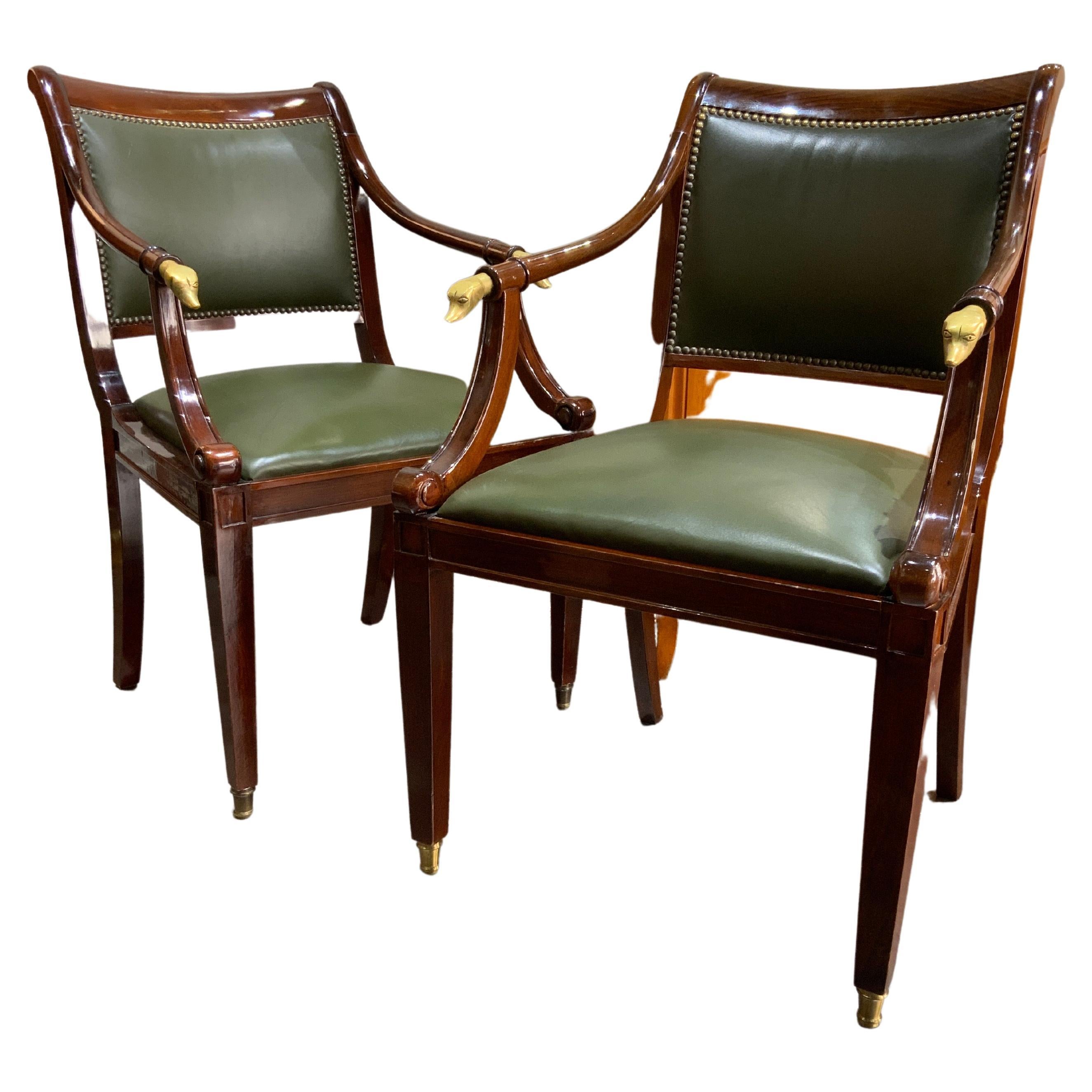 Pair of Italian Mahogany Armchairs with Brass Dogs Heads circa 1960 For Sale