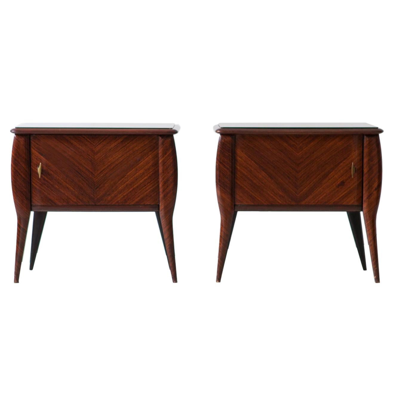 Pair of Italian Mahogany Wood Bedside Tables with Grey Glass Top, 1950s