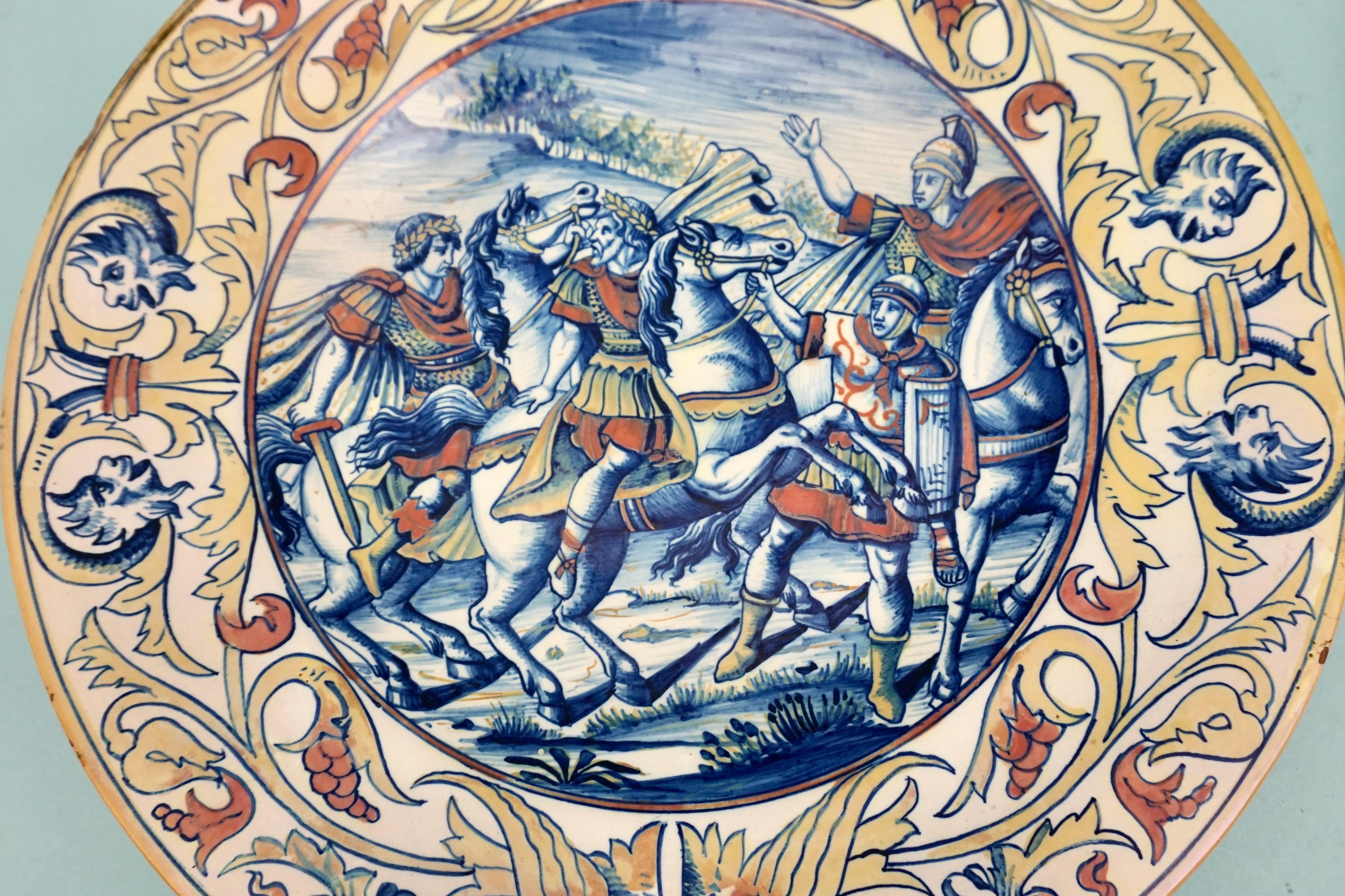 Renaissance Pair of Italian Maiolica Chargers Depicting Roman Warriors in Combat