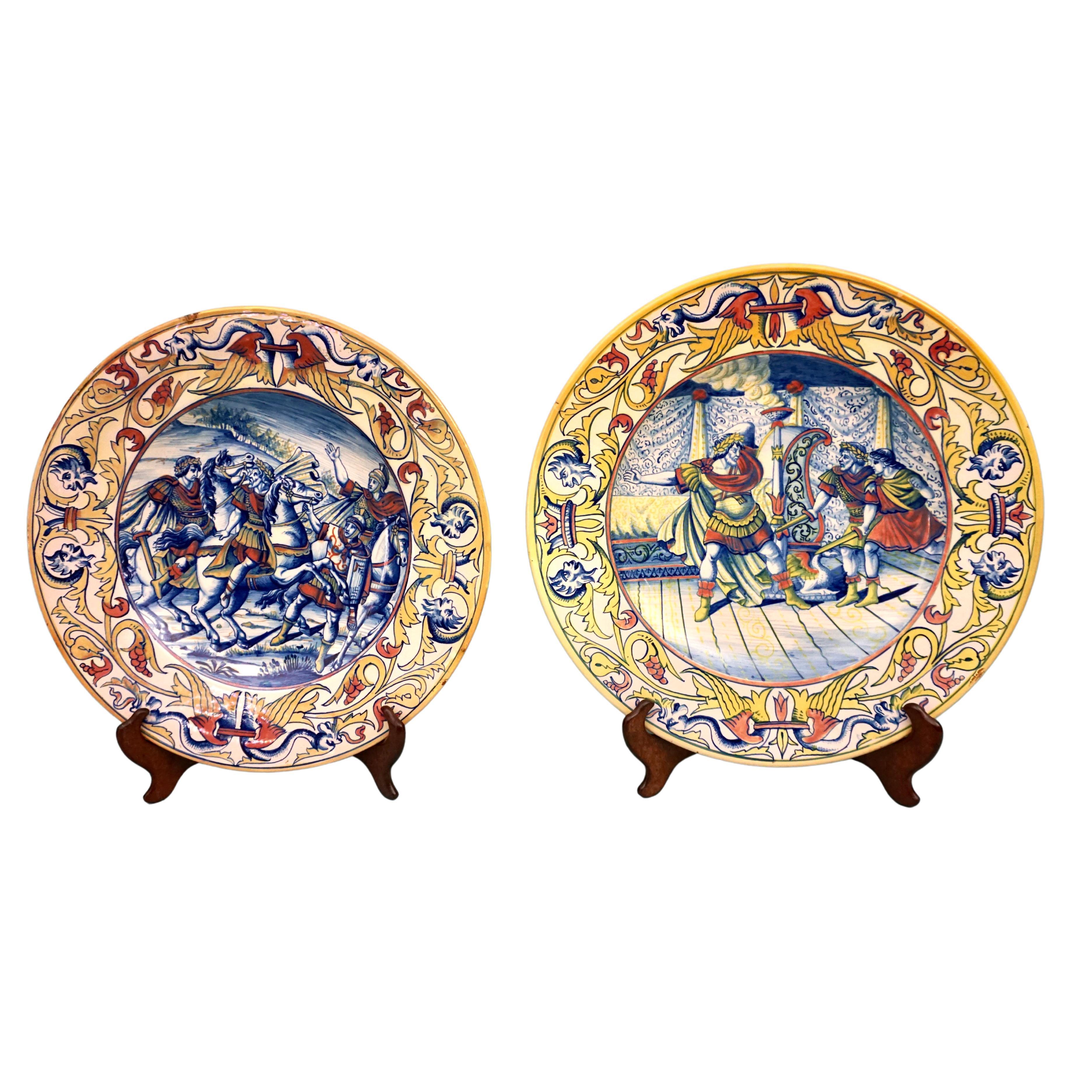 Pair of Italian Maiolica Chargers Depicting Roman Warriors in Combat For Sale