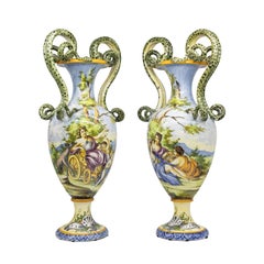 Pair of Italian Maiolica Vases, Coiled Snake Handles, Ca. 1880