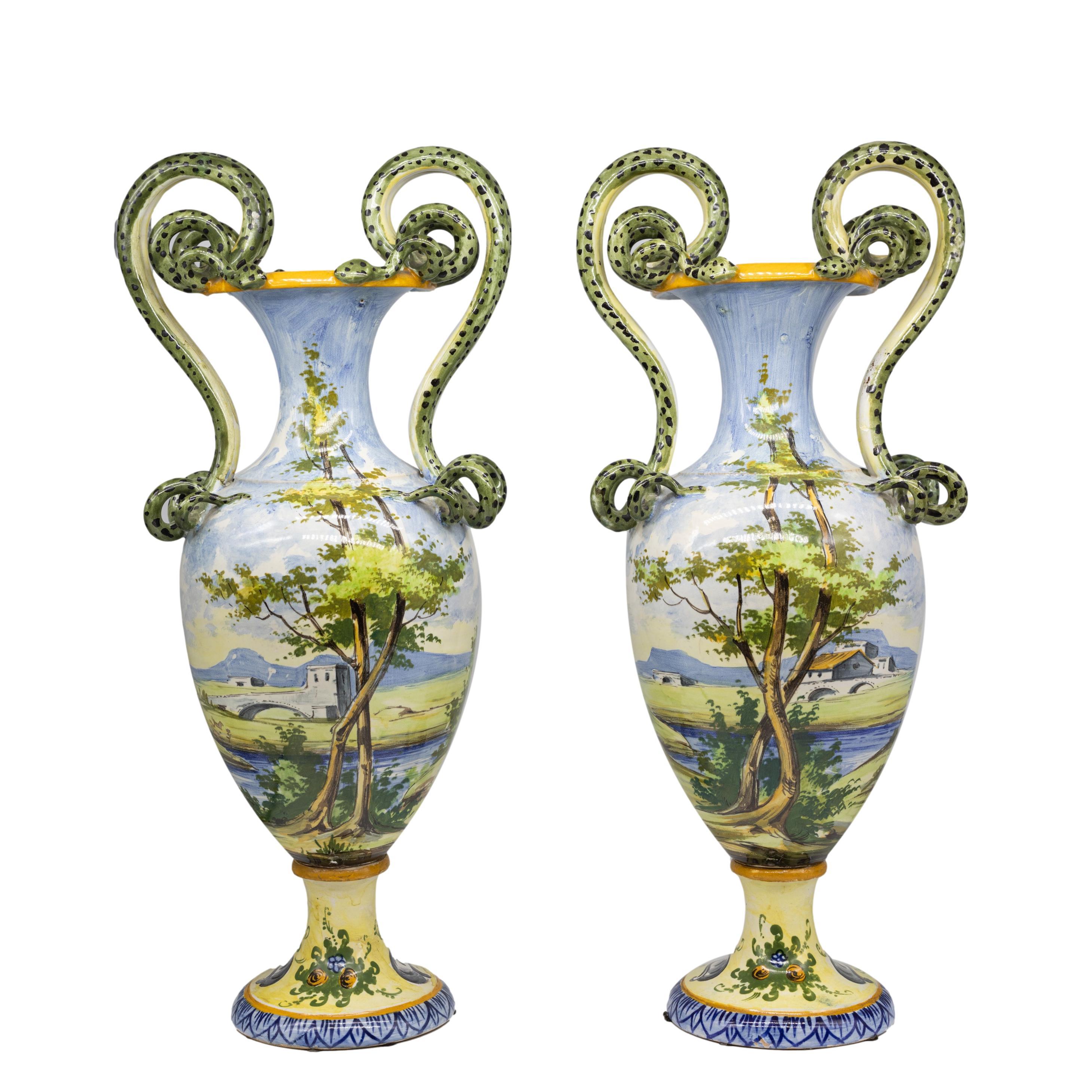 Renaissance Revival Pair of Italian Maiolica Vases, Coiled Snake Handles, Ca. 1880 For Sale