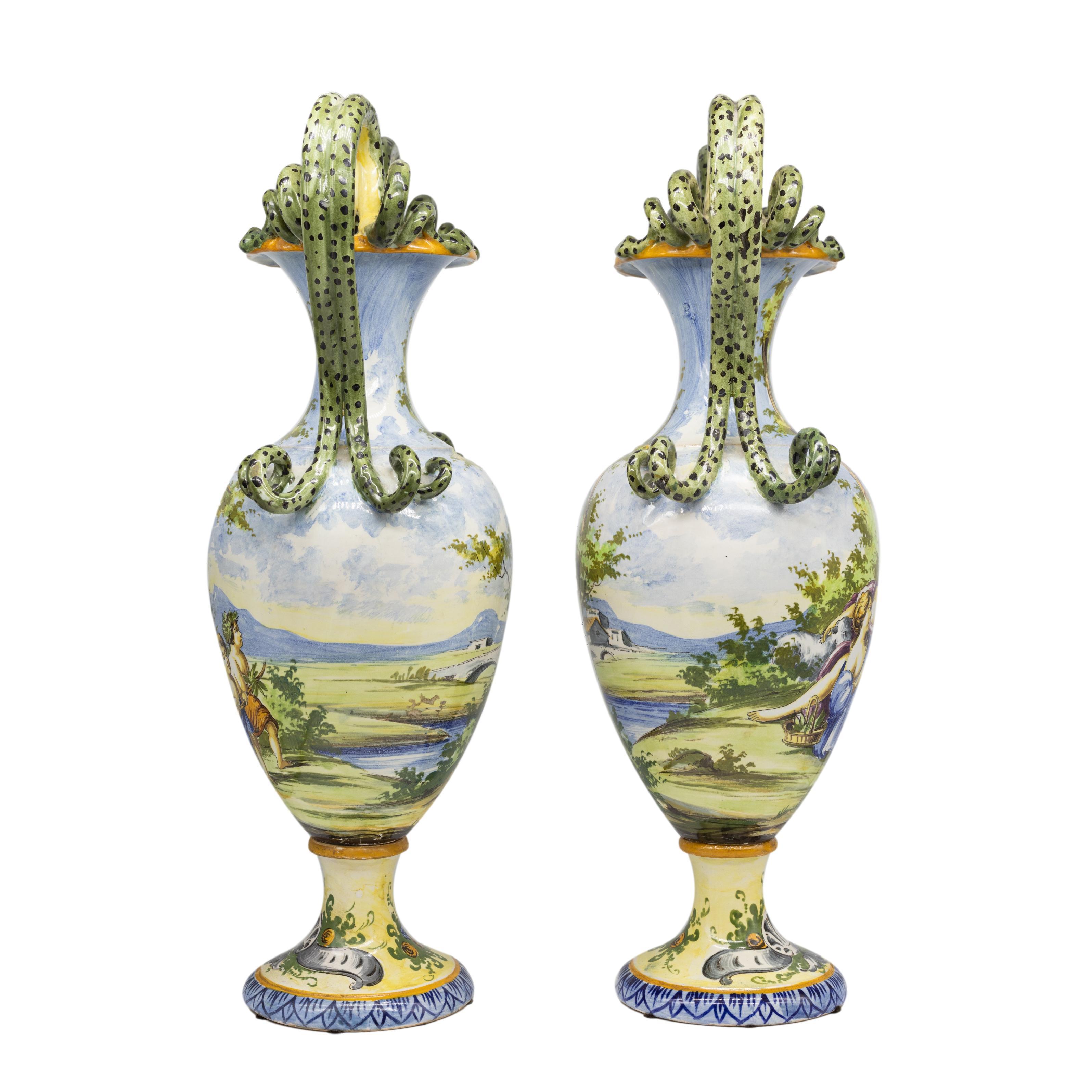 Molded Pair of Italian Maiolica Vases, Coiled Snake Handles, Ca. 1880 For Sale