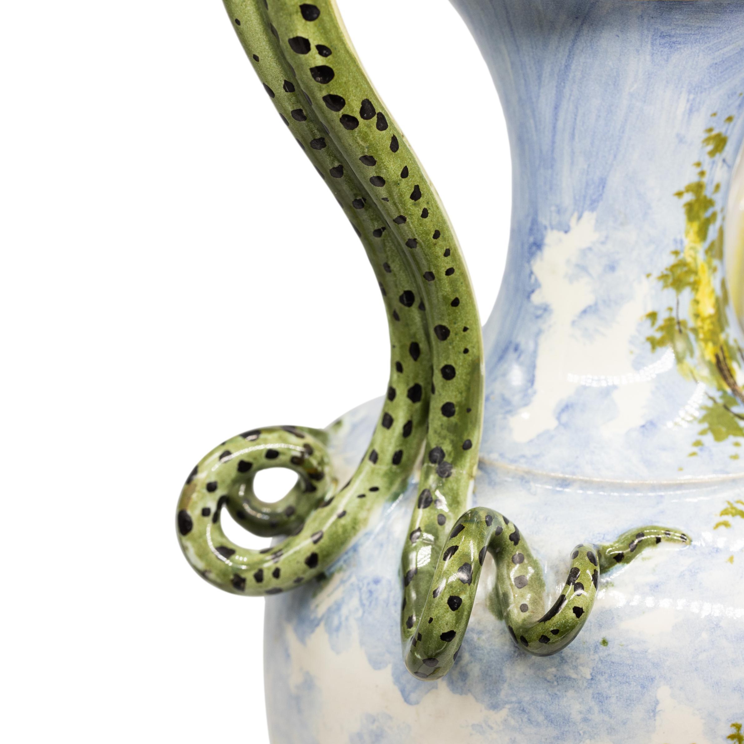 Pair of Italian Maiolica Vases, Coiled Snake Handles, Ca. 1880 In Good Condition For Sale In Banner Elk, NC