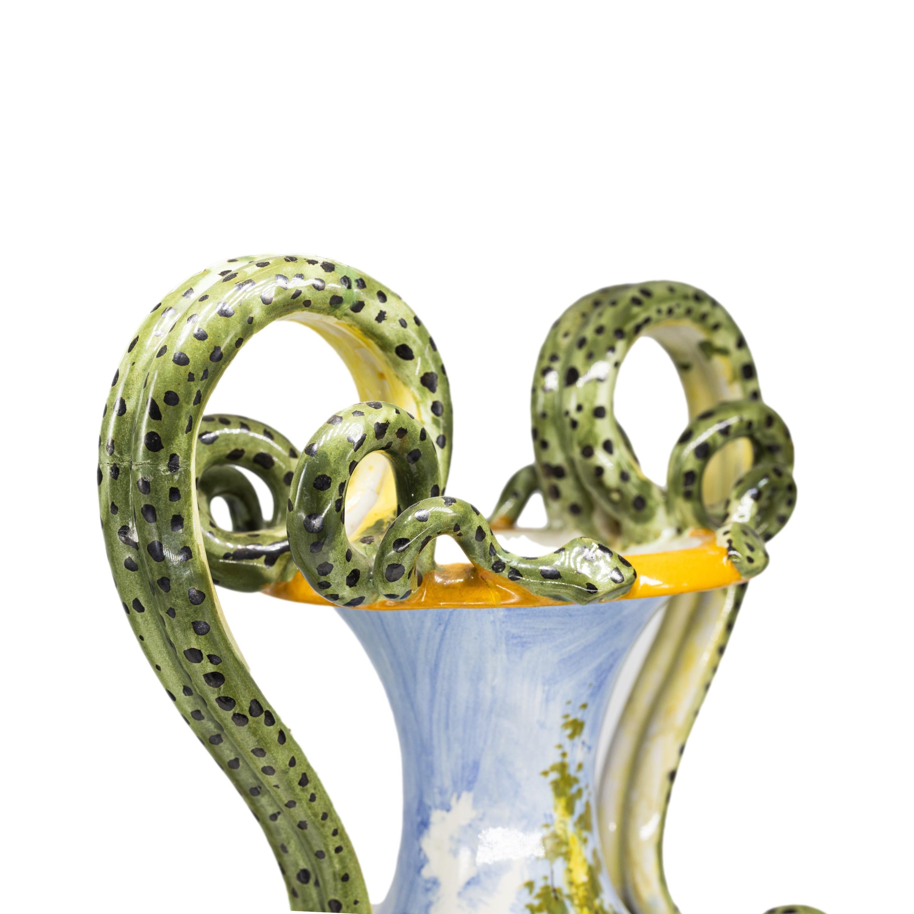 19th Century Pair of Italian Maiolica Vases, Coiled Snake Handles, Ca. 1880 For Sale