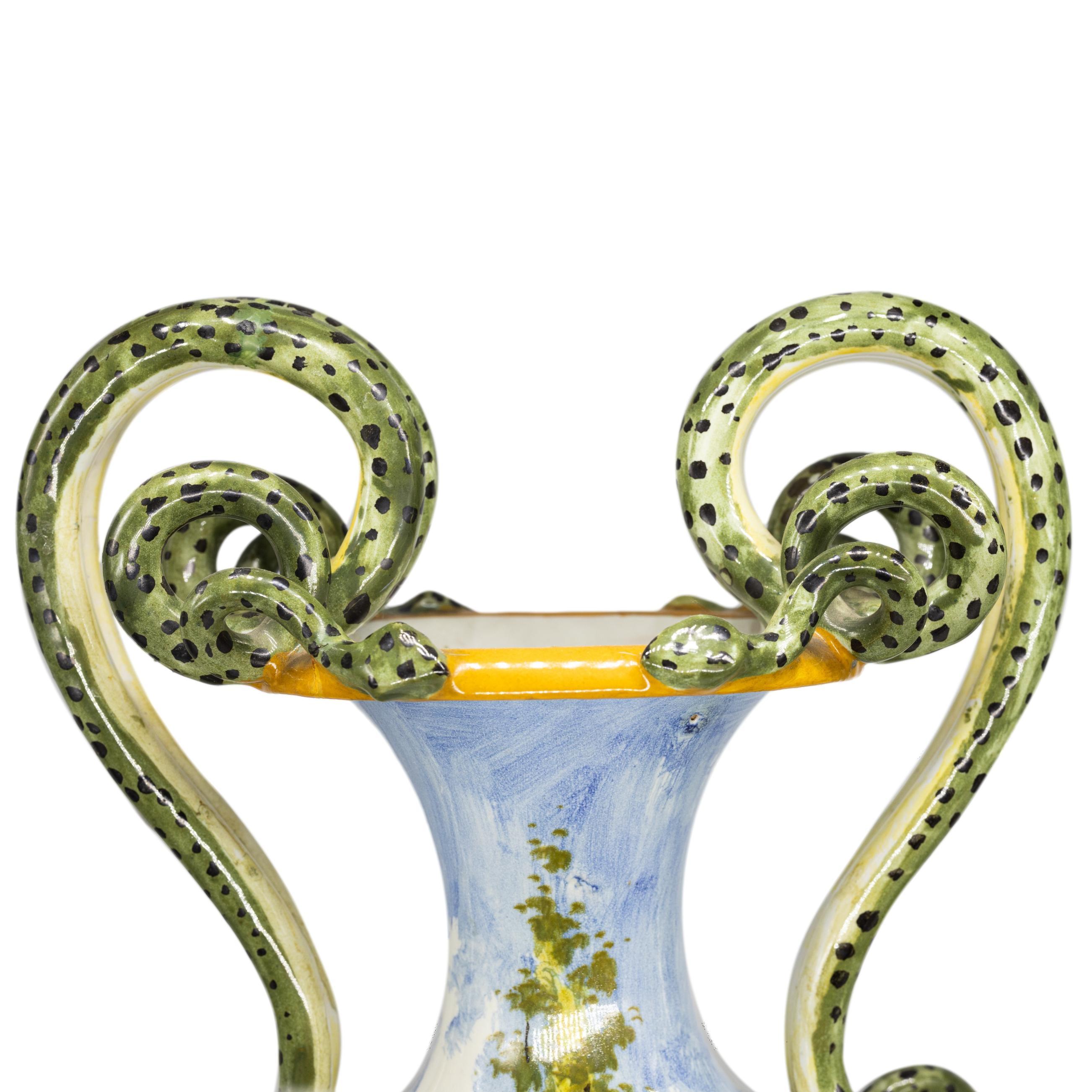 Pair of Italian Maiolica Vases, Coiled Snake Handles, Ca. 1880 For Sale 1