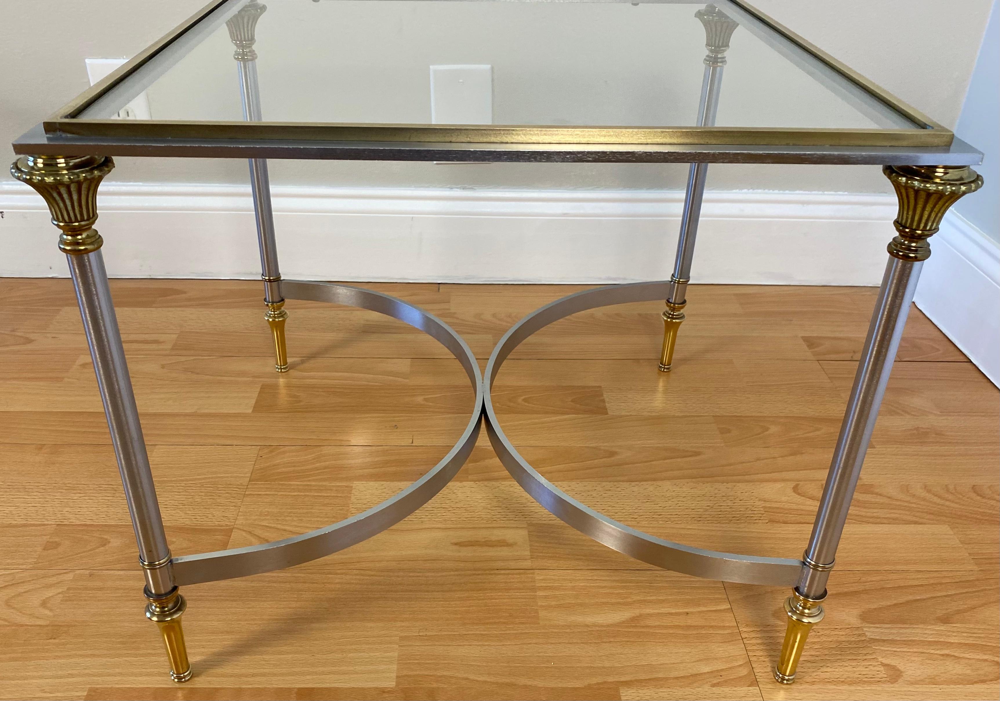 Neoclassical Revival Pair of Italian Maison Jansen Style Brass and Brushed Steel End Tables