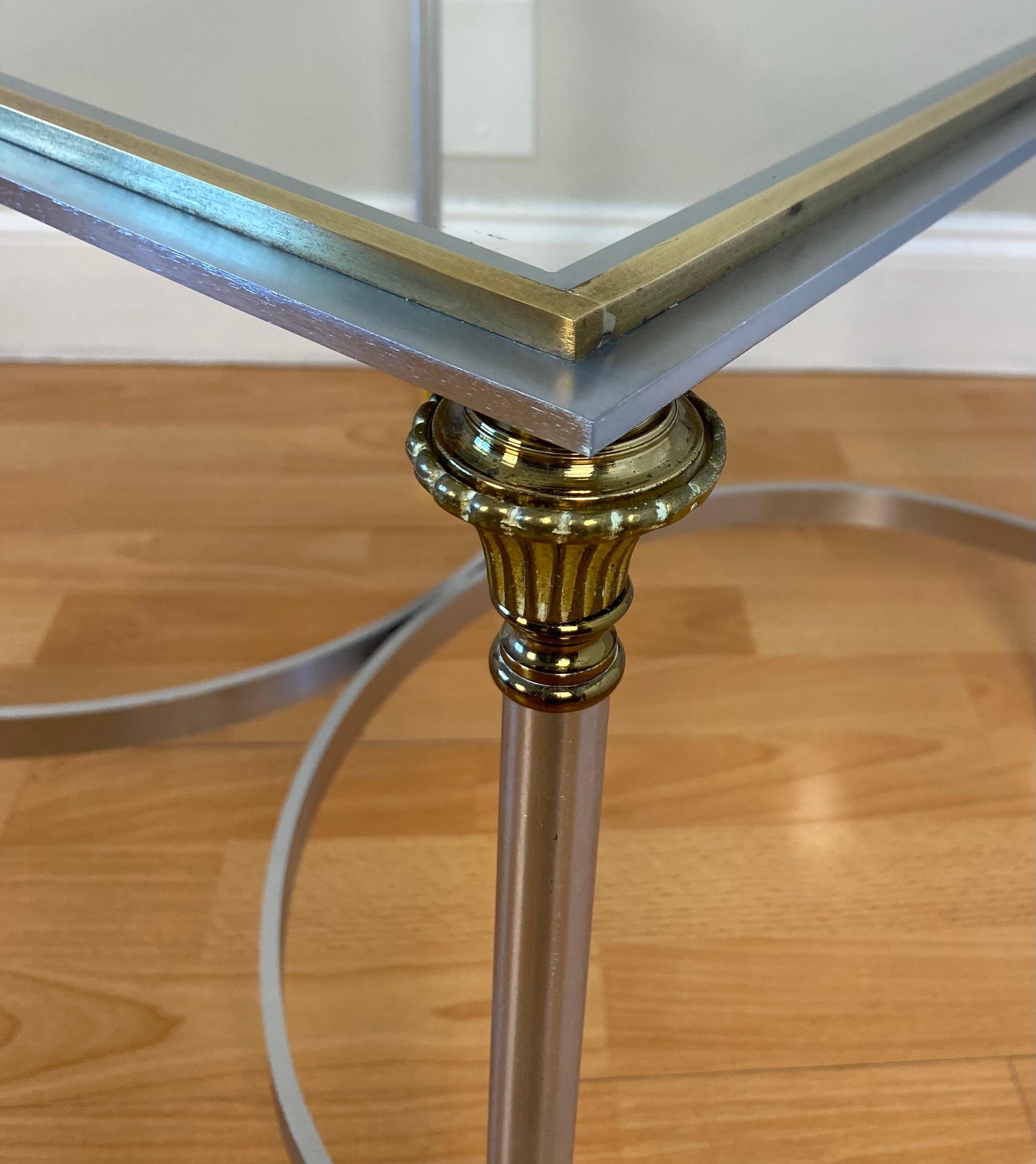 Pair of Italian Maison Jansen Style Brass and Brushed Steel End Tables In Good Condition In Miami, FL