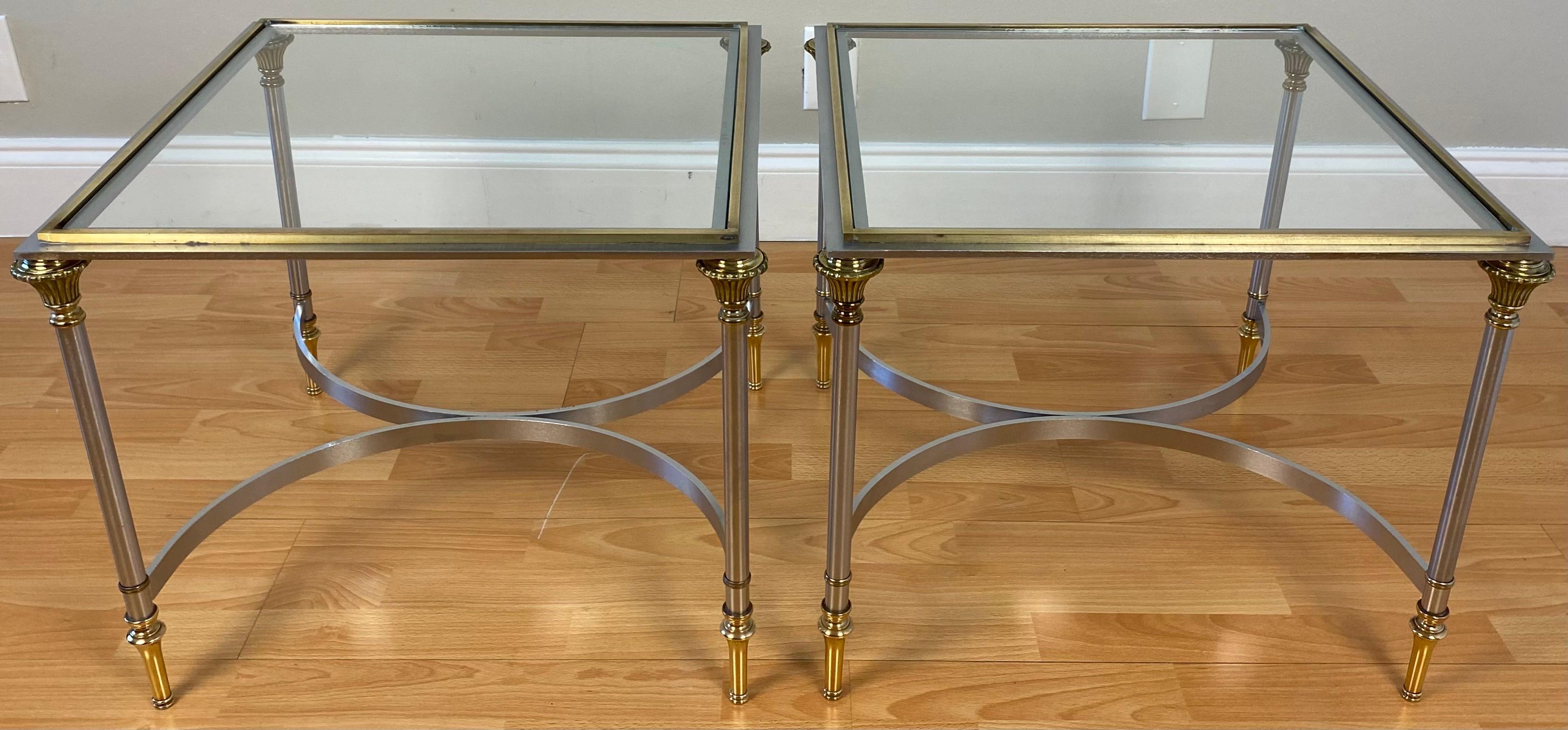 Pair of Italian Maison Jansen Style Brass and Brushed Steel End Tables 1