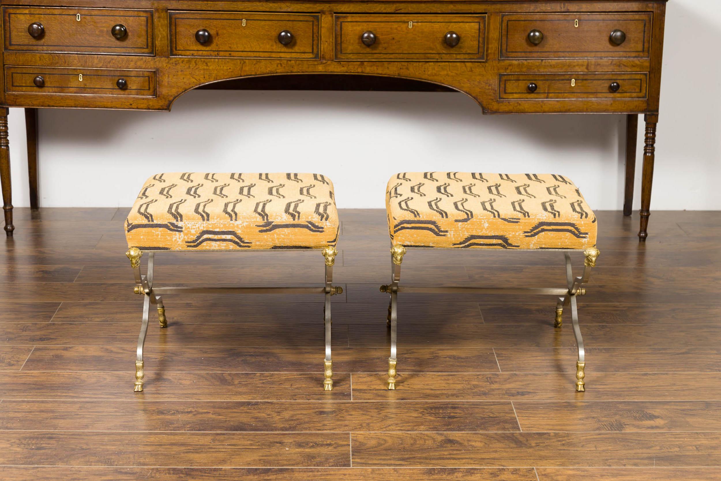 Pair of Italian Maison Jansen Style Steel and Bronze Stools with Rams' Heads In Good Condition In Atlanta, GA