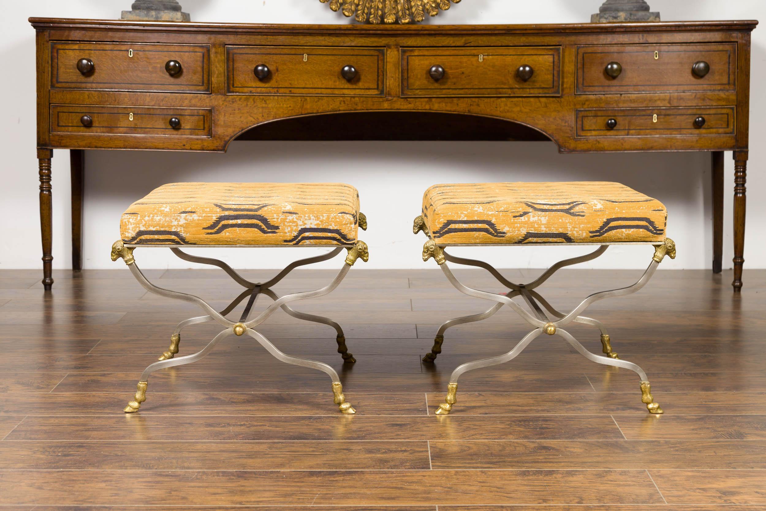 20th Century Pair of Italian Maison Jansen Style Steel and Bronze Stools with Rams' Heads