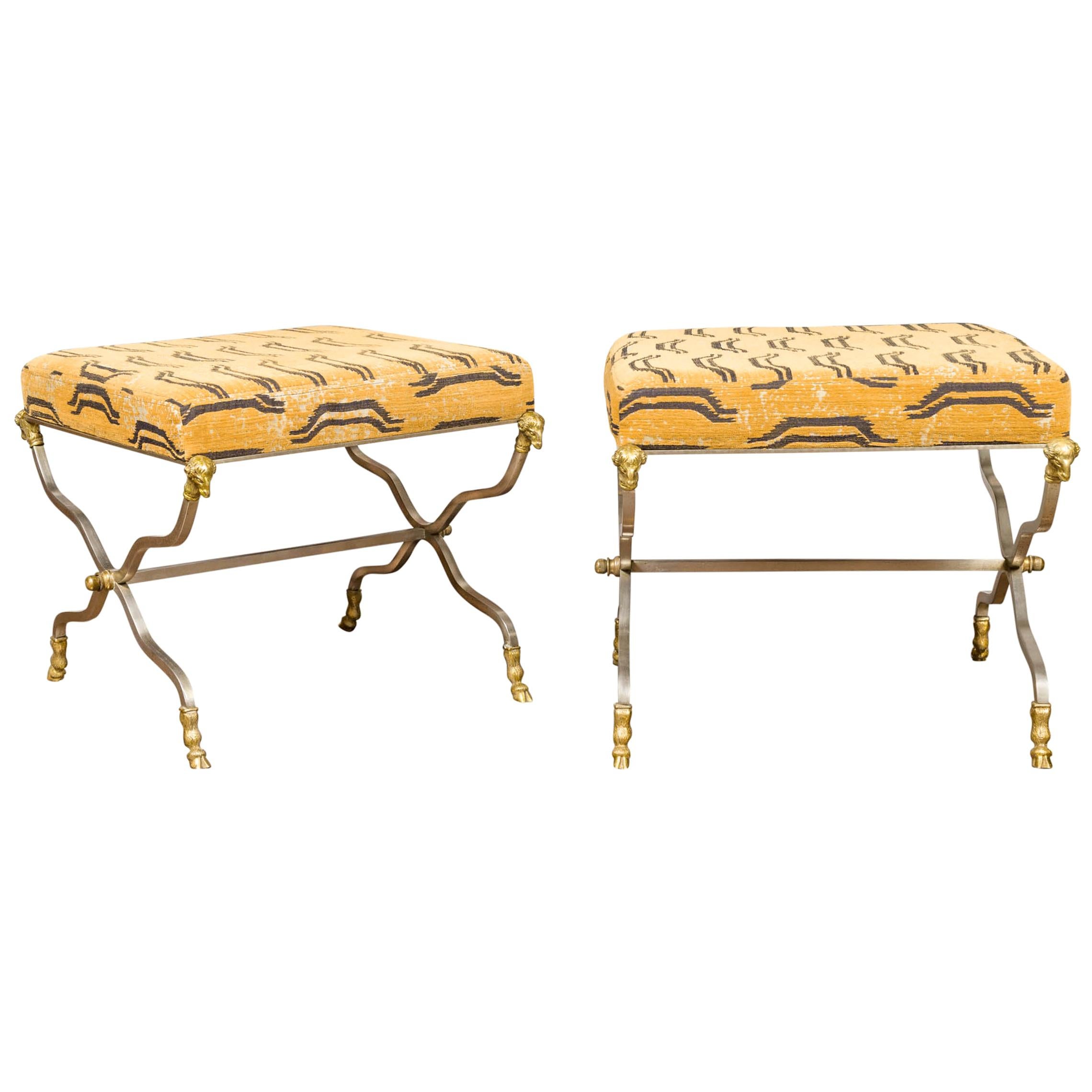 Pair of Italian Maison Jansen Style Steel and Bronze Stools with Rams' Heads