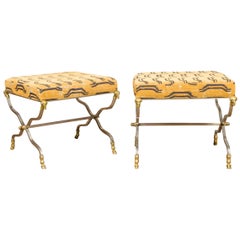 Pair of Italian Maison Jansen Style Steel and Bronze Stools with Rams' Heads